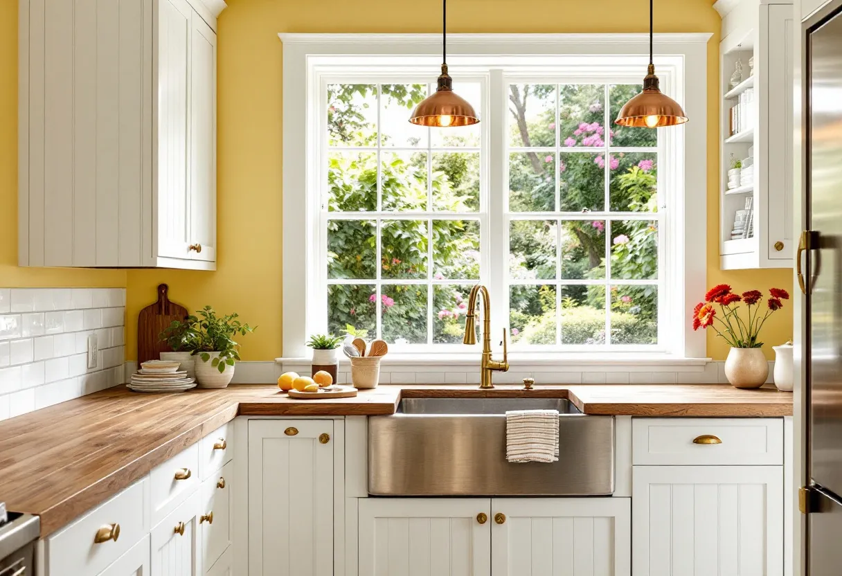 This preppy kitchen exudes warmth and charm, combining classic and contemporary elements. The walls are painted in a soft, cheerful yellow that adds brightness and enhances the natural light streaming in through the large window. Framed by white wooden panels, the window offers a picturesque view of lush greenery and colorful blossoms, creating a seamless connection between the indoors and outdoors. Copper pendant lights hang above, casting a warm glow over the space, and complementing the gold-toned fixtures of the generously sized farmhouse sink, which serves as a centerpiece.

The cabinetry is painted in a clean, crisp white, accentuated by brass hardware that adds a touch of sophistication. The wooden countertops bring an element of rustic elegance, paired beautifully with the white subway tile backsplash that provides a classic and timeless backdrop. The countertop is styled with a carefully curated selection of plants, fresh lemons, and simple pottery, which contribute to the kitchen’s inviting atmosphere. With its careful blend of color, texture, and style, this kitchen captures the essence of preppy design while maintaining functionality and aesthetic appeal.