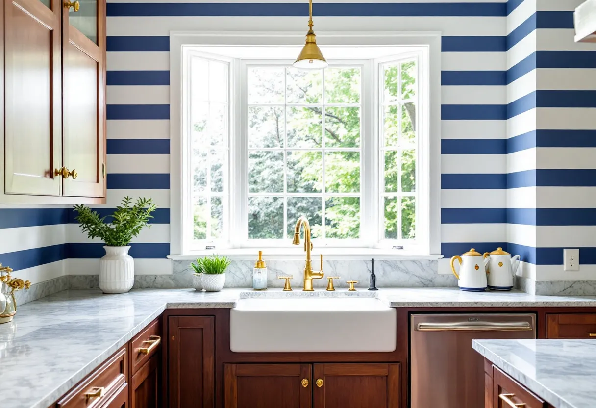 This preppy kitchen features a striking design with bold navy and white horizontal stripes that immediately catch the eye. The layout is centered around a large, inviting bay window that floods the space with natural light, highlighting the crispness of the stripes. The window acts as a beautiful focal point, offering a glimpse of greenery outside, which complements the indoor plants strategically placed on the marble countertops. The use of natural light enhances the overall brightness and freshness of the room, creating an uplifting and energetic atmosphere.

The kitchen’s sophisticated style is further elevated by its combination of classic and modern elements. Rich wood cabinets with brass hardware provide a touch of traditional elegance, contrasting smoothly with the modern marble countertops that add a touch of luxury. The farmhouse sink, with its wide, deep basin, is both practical and stylish, paired with an ornate gold faucet that complements the warm tones of the cabinetry. Accents such as the hanging gold pendant light and matching teapots add cohesive finishing touches, enhancing the room’s preppy aesthetic with their classic charm and functionality.