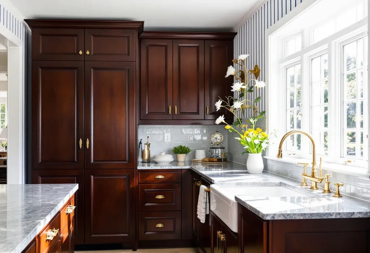 This preppy kitchen features rich, dark wooden cabinetry that adds warmth and sophistication to the space. The cabinets are complemented by elegant brass hardware, creating a classic and polished look. Against the backdrop of these deep tones, the countertops are finished with light marble, providing a contrasting sheen that brightens the room. The sink area is defined by a large farmhouse sink, paired with a sleek, gold-toned faucet that adds a touch of luxury. 

Ample natural light floods the space through a series of large, white-paned windows, which enhance the open and airy atmosphere. The walls feature a subtle striped wallpaper, contributing to the kitchen's chic and timeless aesthetic. A vase of fresh flowers sits atop the counter, adding a pop of color and a welcoming touch. Decorative elements, like a stylish clock and neatly arranged dishware, further contribute to the kitchen's inviting and well-curated appearance.