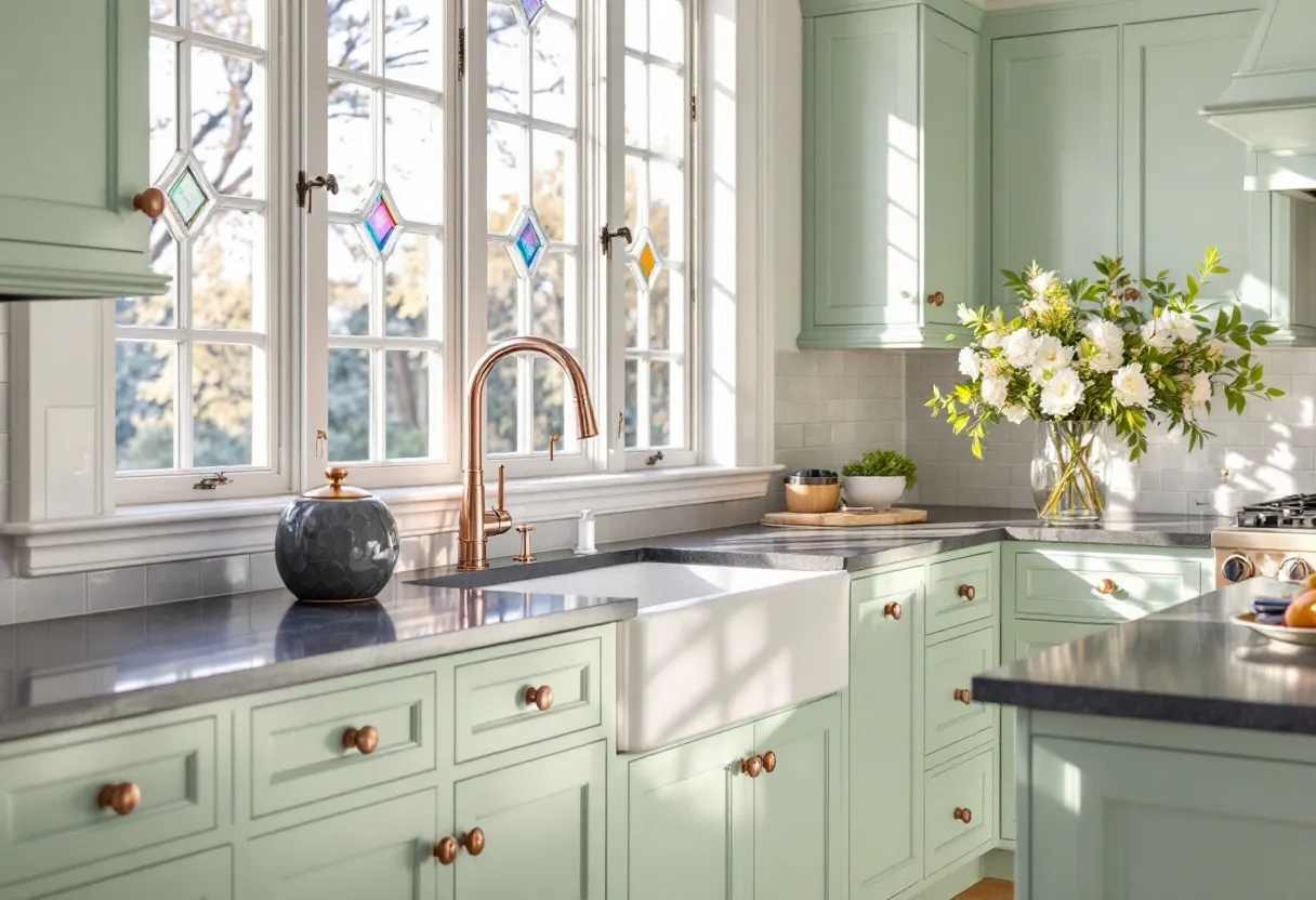 This preppy kitchen exudes a fresh and inviting atmosphere, largely due to its bright mint-green cabinetry, which adds a subtle pop of color without overpowering the space. The cabinets feature classic paneling complemented by round copper knobs that add a touch of elegance and warmth. A farmhouse sink with a deep basin is situated beneath large, sunlit windows that let in ample natural light, showcasing the kitchen's vibrant, airy feel. The windows are adorned with charming decorative glass accents, adding a boutique charm to the space.

The countertops are a sleek, dark stone, providing a pleasing contrast to the light cabinetry. This preppy kitchen is accentuated by a beautiful vase of white and yellow flowers, adding a touch of nature and a lively splash of color. The well-thought-out layout maximizes functionality while maintaining a stylish aesthetic, making it both a practical and chic area for meal preparation and gathering. The overall design strikes a perfect balance between modern convenience and classic style, embodying the essence of preppy elegance.