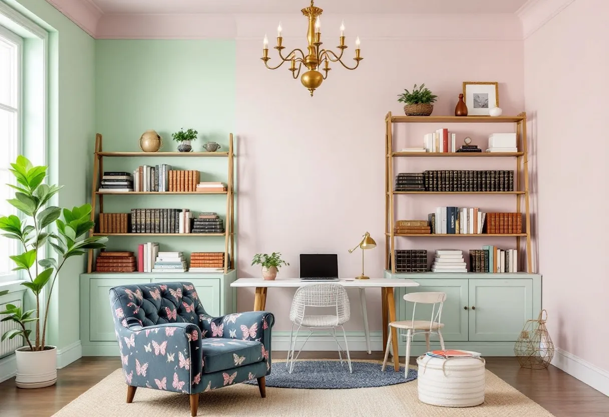 This preppy office exudes a vibrant and inviting atmosphere, characterized by a harmonious blend of pastel colors and elegant furnishings. The room features a dual-tone palette with mint green and pale pink walls, creating a fresh and soothing environment. Bookshelves, filled with a mix of classic and contemporary books, add a sense of sophistication and offer ample storage, contributing to the organized aesthetic of the space. The sleek white desk, accompanied by a contemporary wire chair, provides a modern touch that complements the traditional elements in the room. A gold table lamp adds a touch of luxury and functions as an elegant desk accessory.

Natural light floods the room through a large window, accentuating the lively decor and complementing the greenery from the potted plants that bring a natural element to the setting. The armchair, upholstered in a dark fabric adorned with pink butterflies, adds a whimsical charm and serves as a cozy reading nook. A circular rug in neutral tones anchors the seating area, while the addition of a pendant chandelier offers a classic yet chic lighting solution. Overall, this preppy office is a delightful blend of tradition and contemporary flair, designed to inspire creativity and comfort.