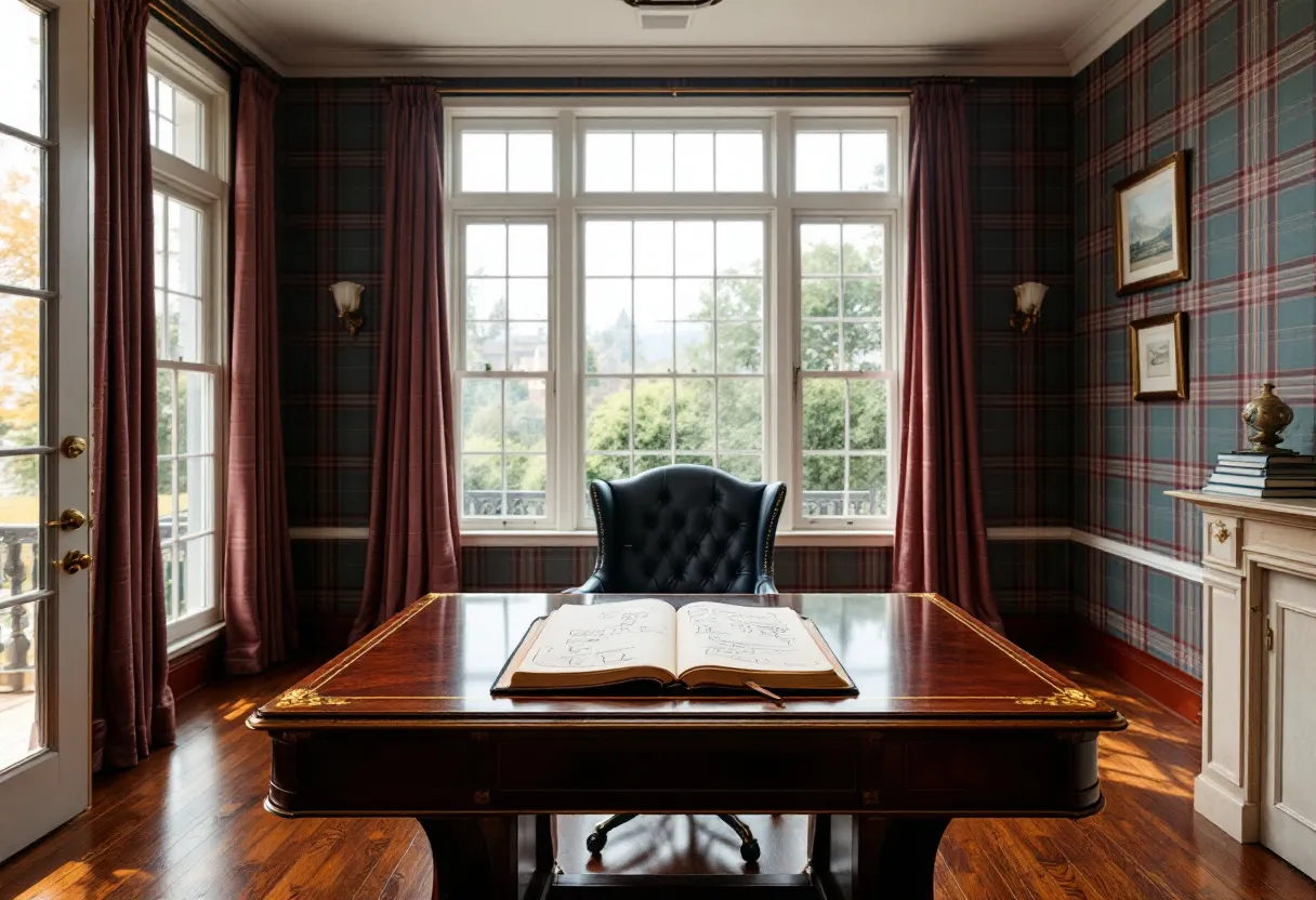 This preppy office exudes an air of classic sophistication and timeless style. The space is dominated by a large wooden desk with ornate detailing, polished to a rich sheen that complements the deep tones of the hardwood floor. An open book rests prominently on the desk, adding a touch of scholarly elegance. The dark, upholstered chair behind the desk suggests comfort and authority, balancing the room's emphasis on both style and function.

Plaid wallpaper in muted tones covers the walls, enhancing the preppy theme and providing a cozy, yet refined backdrop. The large windows are framed by dark, heavy drapes, offering views of lush greenery outside and allowing natural light to flood the space. On one side, a collection of neatly stacked books rests on a small mantel, adding to the intellectual ambiance. The strategic placement of artwork and subtle lighting fixtures on the walls complete this tasteful and inviting office.