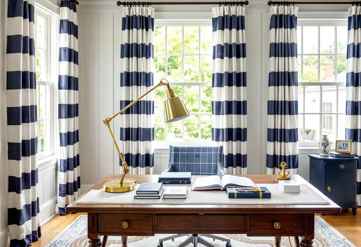 This preppy office exudes a crisp and polished charm, centered around a classic wooden desk that provides both functionality and elegance. The desk features a light-colored fabric mat, which complements the rich wood, creating a backdrop for an organized display of books and writing tools. A prominent gold desk lamp adds a touch of sophistication, casting a warm glow that ties together the room’s color palette. The chair, upholstered in a blue plaid fabric, adds a cohesive element, resonating with the overall color scheme.

The office is framed by bold, navy-and-white striped curtains that bring a lively preppy flair to the space. These curtains, paired with large windows, allow natural light to flood the room, enhancing its airy and refreshing atmosphere. A small side table holds decorative items, such as a globe and a framed picture, adding personal touches to the room. The nautical anchor decor on the desk further emphasizes the preppy nautical theme, making the space both stylish and personal.