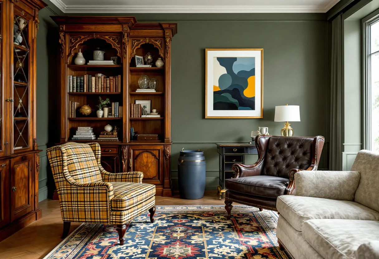 This preppy office exudes a refined elegance with its rich color palette and classic furnishings. The walls are painted a sophisticated shade of green that sets a calming tone, complemented by the warm wood tones of the ornately carved bookshelves. These shelves are filled with an assortment of hardcover books and decorative items, adding a touch of intellectual ambiance. A statement piece of abstract art adds a modern twist, contrasting beautifully with the traditional elements of the room.

A mix of seating options provides both comfort and style, including a plaid armchair and a brown leather wingback chair, which add character and texture. The seating arrangement is unified by a patterned area rug that introduces additional color and pattern, enhancing the room's cozy feel. To complete the look, a sleek side table holds a classic lamp with a brass base, which, along with natural light streaming through the window, illuminates the space effectively. This combination of elements creates an inviting and sophisticated atmosphere, perfect for a preppy office environment.