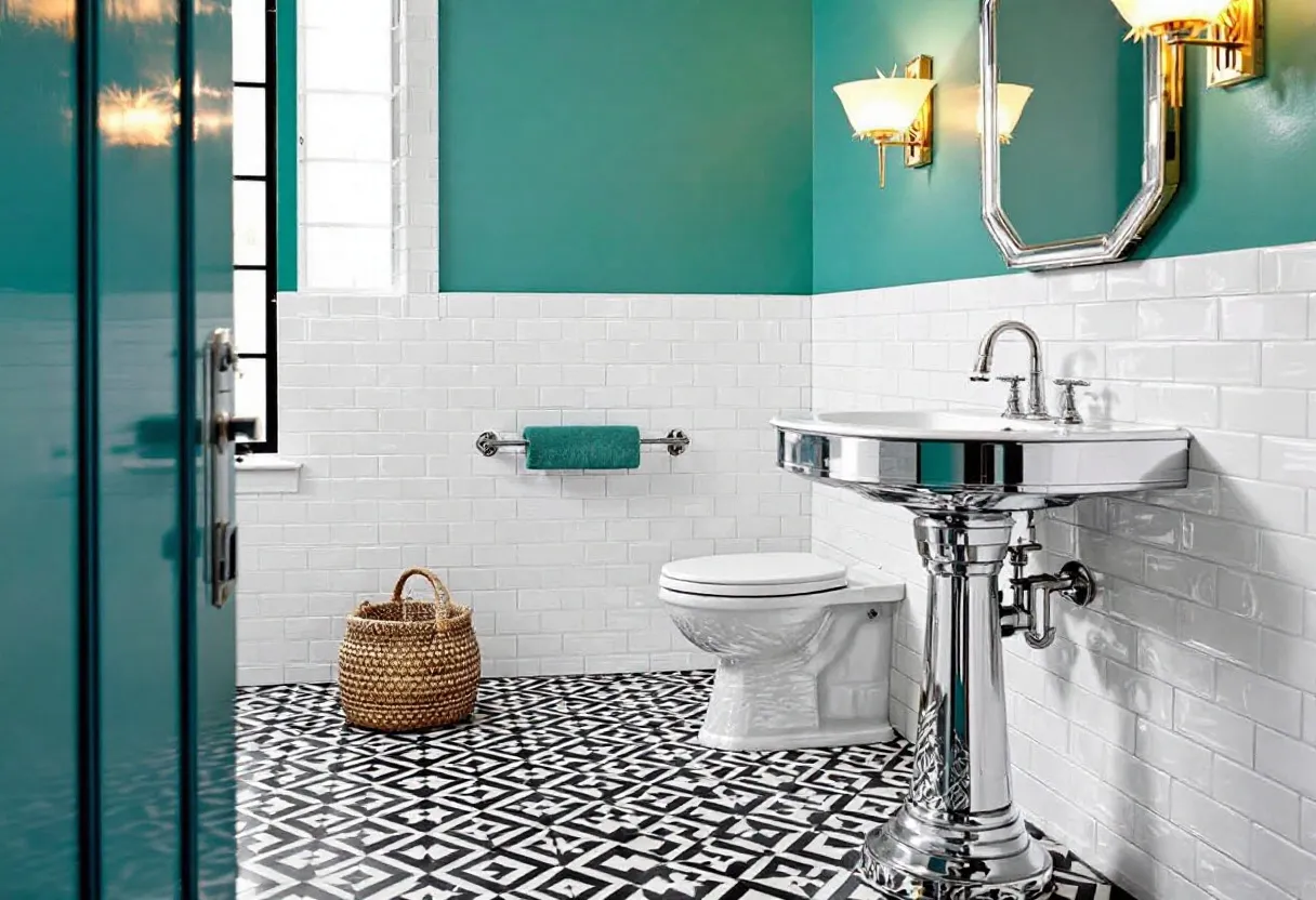 This retro bathroom elegantly combines classic and modern elements, creating a vibrant yet timeless atmosphere. The walls are painted a rich teal, offering a bold and refreshing backdrop that contrasts with the crisp white subway tiles lining the lower half of the walls. The tiles add a vintage touch, which is further accentuated by the geometric black and white flooring, contributing to the overall retro aesthetic. The black and white pattern on the floor provides a striking visual element that anchors the space, offering a dynamic and lively feel.

The bathroom fixture choices are meticulously aligned with the retro theme. The pedestal sink, with its chrome finish and rounded edges, complements the metallic accents found in the fixtures and the mirror's frame. The octagonal mirror and the torch-style wall sconces add touches of Art Deco elegance, casting a warm glow across the room. A woven basket adds a natural texture that subtly enhances the coziness of the space. The overall design is cohesive and thoughtfully executed, making the bathroom both stylish and functional.