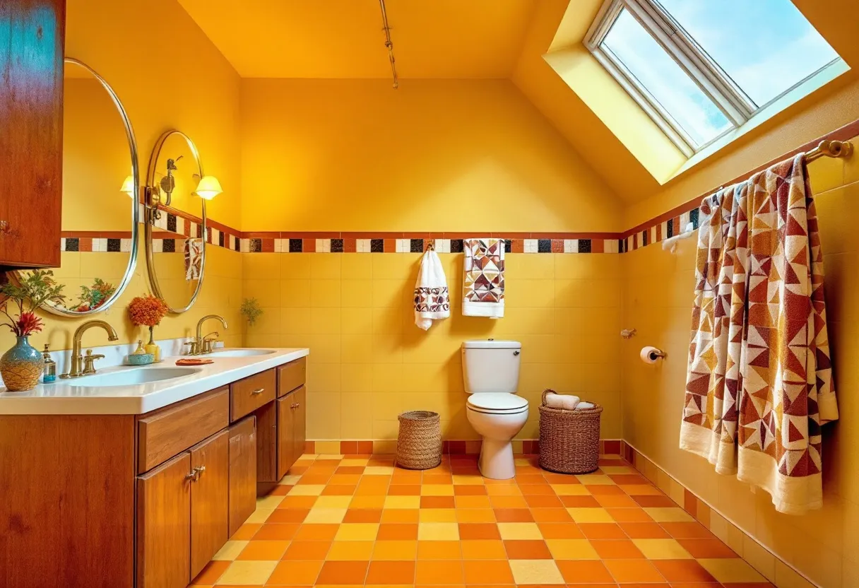 This retro bathroom exudes a vibrant and warm atmosphere, with its bold use of yellow and orange hues. The walls and ceiling are painted in a bright, sunny yellow, complemented by a geometric tile border featuring orange, black, and white patterns that add a vintage flair. The floor is adorned with a checkered pattern of orange and yellow tiles, which enhances the overall energetic feel of the space. A skylight above allows natural light to flood the room, highlighting the vivid colors and giving the space an airy and open quality.

The bathroom features a wooden vanity with a dual sink setup, accented by brass faucets that enhance the retro aesthetic. Oval mirrors above the sinks reflect the room's brightness, while wall-mounted sconces provide additional lighting. The decorative elements, including patterned towels and woven baskets for storage, contribute to the cohesive vintage style. A sense of warmth and nostalgia permeates the space, making it not only functional but also inviting and stylish.