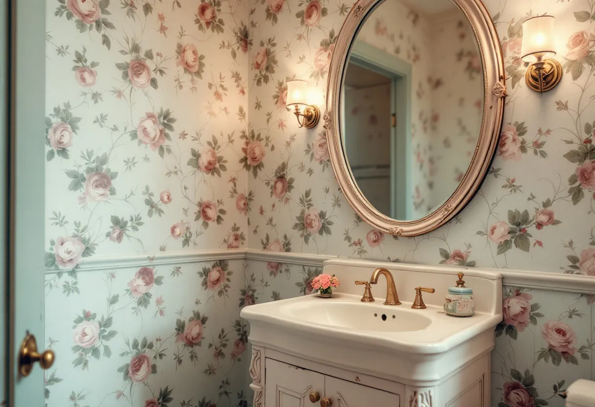 This retro bathroom exudes a charming vintage vibe with its floral patterned wallpaper, which features delicate pink roses and green leaves on a cream backdrop. The wallpaper adds a touch of nostalgia and creates a warm, inviting atmosphere. The light pink hues combined with the classic floral design evoke a sense of timeless elegance typical of an earlier era.

The centerpiece of the bathroom is the ornate oval mirror with a light pink frame, reflecting the room’s soft, feminine aesthetic. Below the mirror, a classic white vanity with gold fixtures adds to the retro theme. The gold faucet contrasts beautifully with the white sink, while small touches like a pink vase with flowers and a decorative soap jar on the counter add refined details to the space. Overall, the bathroom embodies a perfect blend of elegance and comfort, reminiscent of a bygone time.