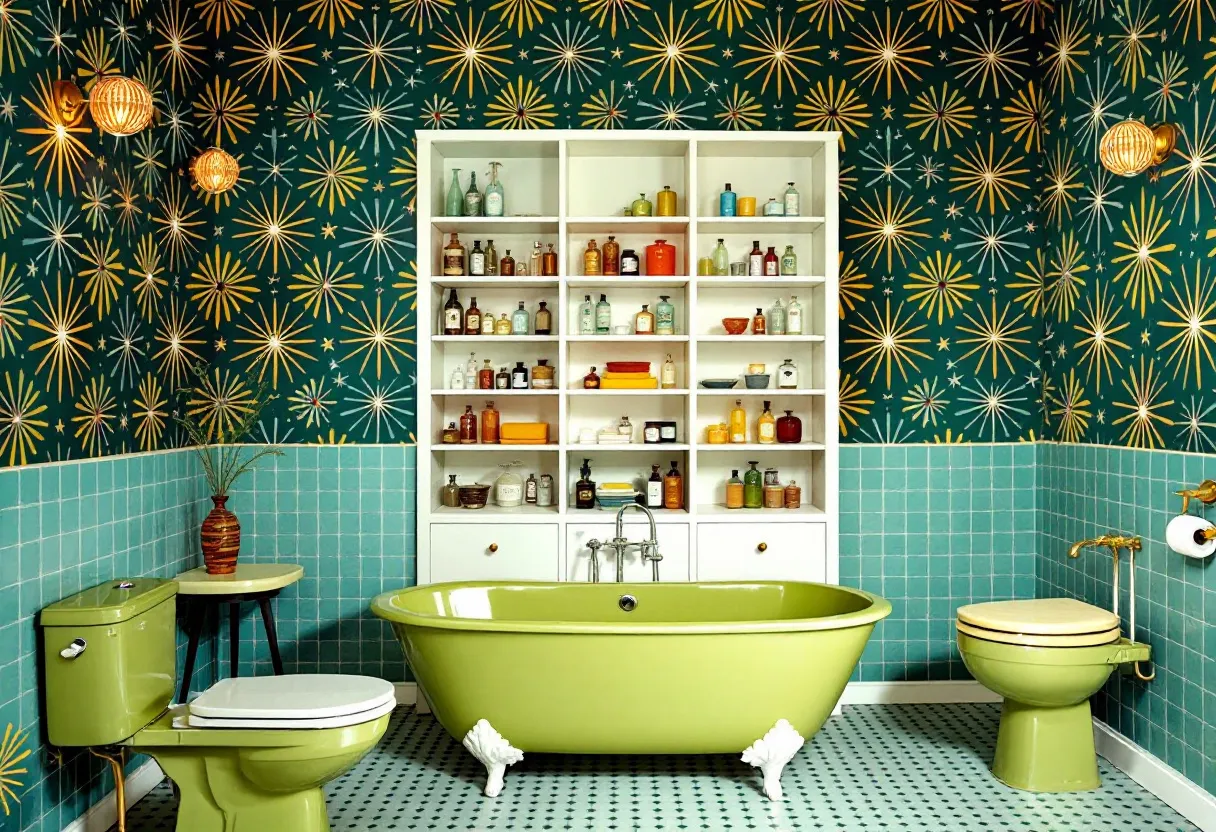 This retro bathroom is a vibrant celebration of mid-century design, showcasing a bold color palette and distinctive features. The walls are adorned with an eye-catching starburst wallpaper pattern in golden hues set against a rich teal backdrop, capturing the essence of classic 1960s style. The lower half of the walls is tiled in a glossy teal square pattern, complementing the wallpaper and maintaining the consistent color theme throughout the space. A clawfoot bathtub in olive green stands as the centerpiece, exuding a vintage charm with its elegant white feet enhancing its nostalgic appeal.

Accompanying the bathtub, the olive green toilet and sink harmonize with the overall aesthetic, creating a cohesive look. The flooring features a retro geometric pattern, tying in perfectly with the wall tiles and adding a playful element to the room's design. A shelving unit dominates the back wall, displaying an eclectic collection of vintage bottles and toiletries, which adds an authentic touch of character. The warm, ambient lighting provided by the retro hanging lamps and sconces softens the atmosphere, creating an inviting, comfortable, and stylish space reminiscent of a classic era.