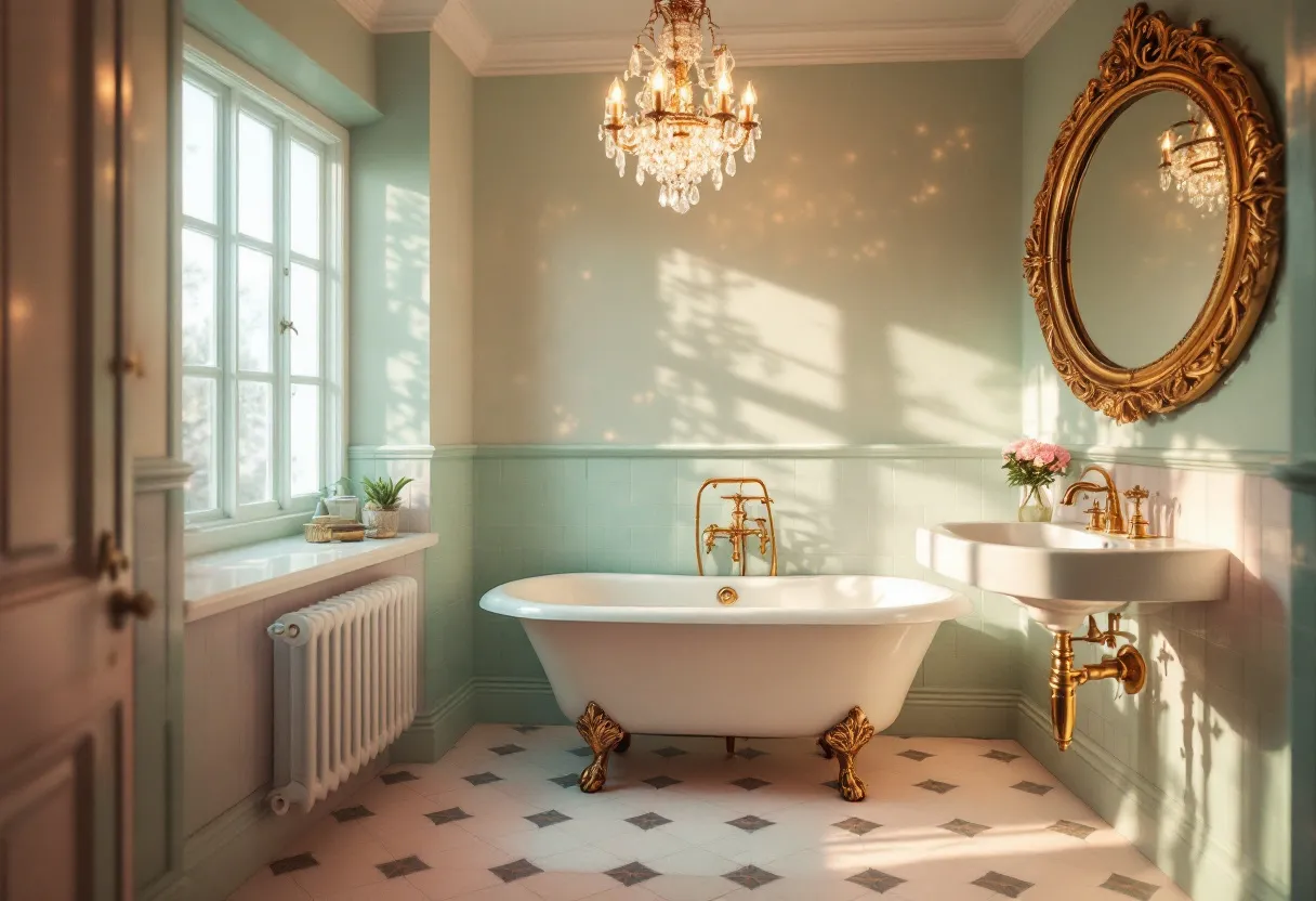 This retro bathroom exudes a vintage charm, embraced by a warm and inviting color palette. The walls are painted in soft pastel shades, adding an airy and serene atmosphere to the space. At the center, a classic clawfoot bathtub with elegant golden fixtures stands gracefully. The tub's ornate feet and the rich golden hues of the fixtures evoke a sense of timeless luxury. Natural light spills in through a large window, highlighting the delicate play of shadows and enhancing the room's nostalgic appeal.

The bathroom is elevated by its exquisite details, including a stunning chandelier that hangs from the ceiling, casting a gentle, sparkling glow throughout the space. A round, ornately framed mirror complements the chandelier, its golden frame matching the fixtures and adding a touch of opulence. The patterned floor tiles and traditional radiator contribute to the retro aesthetic, while a small vase of fresh flowers on the sink provides a lively and elegant touch. Overall, the room balances functional design with classic elegance, creating a tranquil retreat that reflects the grace and style of a bygone era.