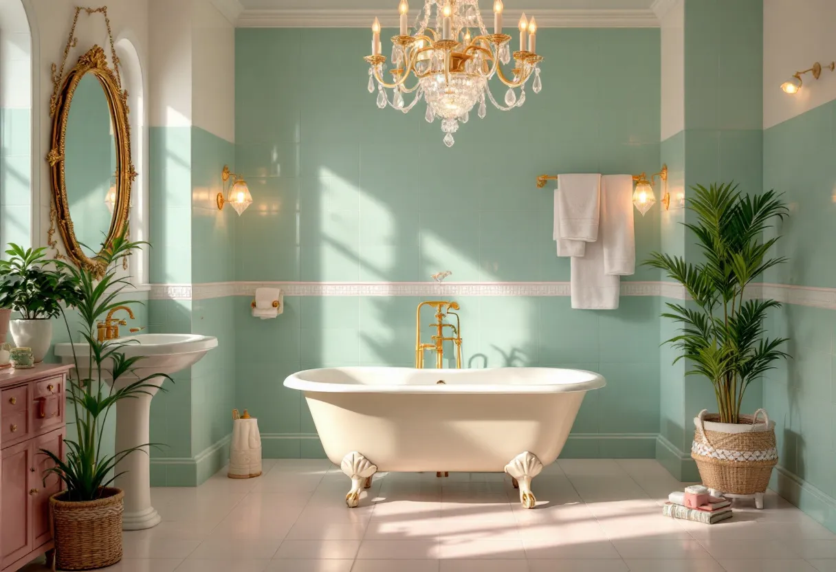 This retro bathroom exudes a timeless elegance with its pastel green wall tiles and vintage fixtures. The centerpiece is a large, clawfoot bathtub, whose pale cream color harmonizes with the room's soft hues. The tub's gold hardware adds a touch of opulence, reflecting the warm glow of the room's light sources. A crystal chandelier hangs from the ceiling, casting a delicate light that enhances the classic atmosphere. The natural light streaming in adds a fresh, airy feel to the space.

There's a sense of luxury in the details, such as the ornate, gold-framed mirror above a white pedestal sink which complements the sophisticated design. The pink vanity offers a subtle contrast while maintaining the room's vintage charm. Greenery in woven baskets introduces a touch of nature, softening the overall look and adding vibrancy. The careful selection of textures and colors creates a cohesive, inviting environment reminiscent of a chic bygone era.