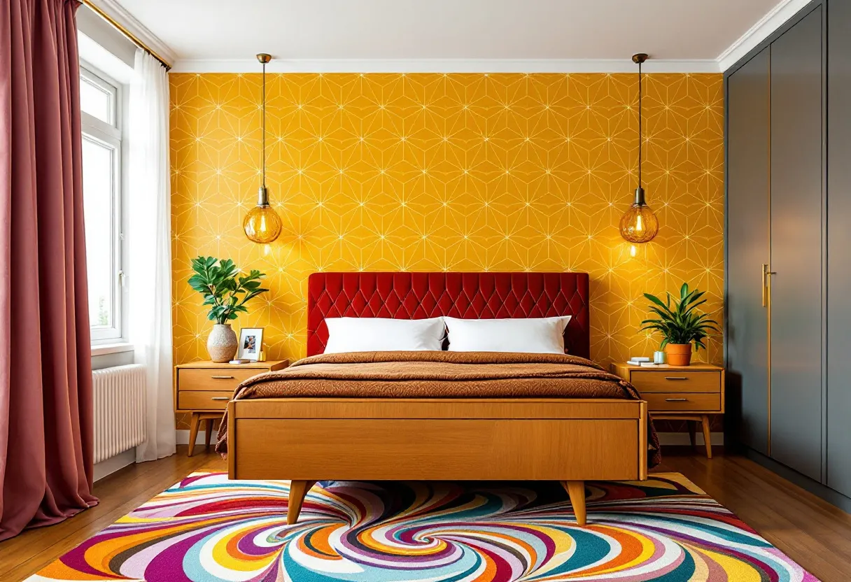 This retro bedroom captures the essence of mid-century modern design with its bold, geometric patterns and warm color palette. The focal point is the vibrant orange wallpaper featuring an intricate geometric design that adds a dynamic yet cozy backdrop to the space. Complementing the wallpaper is a richly upholstered red headboard that exudes a sense of luxury and comfort, matching the plush bedspread that echoes the warm hues of the room.

The room is furnished with sleek wooden furniture, including a stylish bed and matching side tables that reflect the minimalist aesthetic of the era. Bright pendant lights hang symmetrically above each nightstand, casting a warm glow that enhances the ambiance of the room. A standout feature is the multicolored, swirling carpet that injects a lively burst of color, tying together the decor with a playful yet sophisticated touch. Richly colored drapes frame the window, adding a final layer of texture and depth to this thoughtfully curated space.