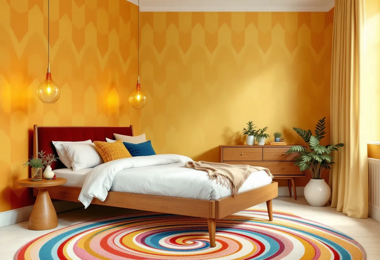 This retro bedroom exhibits a vibrant and nostalgic ambiance through its bold use of color and mid-century furniture. The walls are adorned with a warm mustard hue featuring a subtle geometric pattern that adds depth and character to the room. The bed is the focal point, with its streamlined wooden frame and plush red headboard, complemented by crisp white sheets and a selection of colorful throw pillows. The pendant lights hanging above the bed emit a soft, ambient glow, enhancing the cozy atmosphere.

The room's decor is further enriched by the presence of a wooden dresser and a matching side table, which exude the clean lines and simplicity characteristic of mid-century design. Plants in minimalist pots add a touch of freshness and life, while the vibrant circular rug with its bold, swirling pattern injects a sense of playfulness and energy. The floor-length yellow curtains frame a window that bathes the room in natural light, tying together a cohesive and cheerful retro aesthetic.