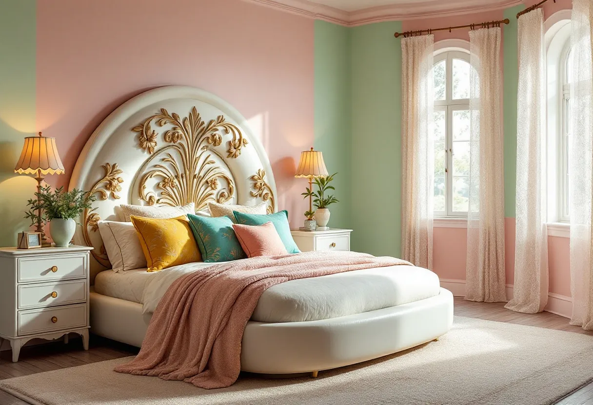 This retro bedroom exudes an elegant charm with its pastel-colored walls that blend seamlessly between soft pink and mint green. The focal point of the room is the magnificent, oversized headboard adorned with intricate golden floral designs, lending a vintage sophistication to the space. On either side of the bed are classic white nightstands with gold handles, topped with ornate table lamps that echo the room's nostalgic vibe. The bed itself is lavishly dressed with a pink throw and a variety of plush pillows in shades of yellow, teal, and pink, adding a pop of vibrant color and comfort.

The large, arched windows are framed with delicate sheer curtains, allowing ample natural light to flood the room and enhance its airy atmosphere. The curtains, with their gentle, flowing fabric, complement the room's serene and inviting ambiance. The use of different textures, from the plush area rug underfoot to the wooden flooring, adds depth and warmth to the setting. Potted plants present a touch of nature and life, subtly placed on the nightstands, reinforcing the room's tranquil and timeless appeal.