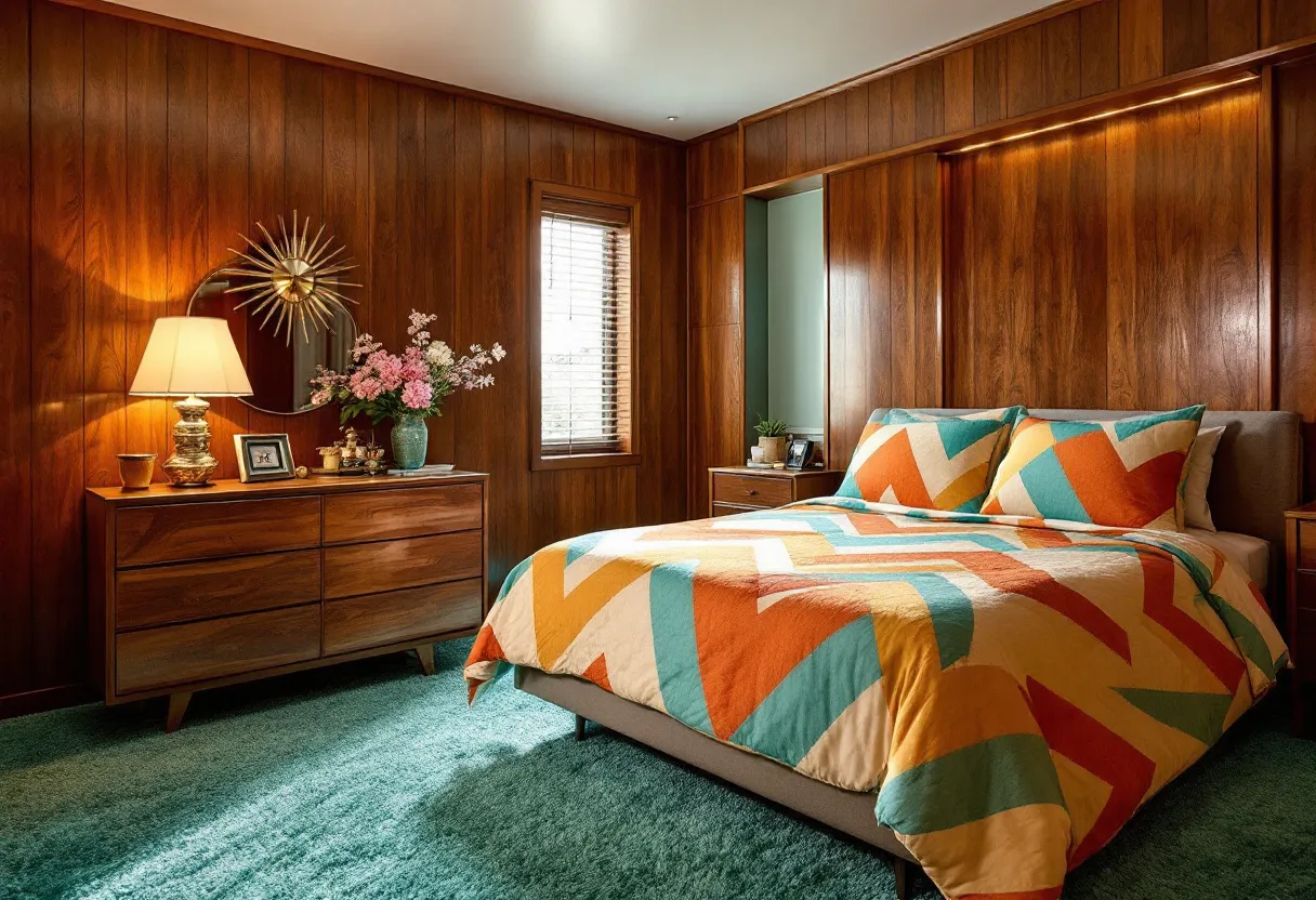 This retro bedroom exudes a warm, nostalgic charm with its rich wood-paneled walls that create a cozy, inviting atmosphere. The wood theme extends to the furniture, featuring a sleek mid-century modern dresser that perfectly complements the room's vintage aesthetic. A sunburst mirror and classic table lamp adorn the dresser, adding an air of elegance and functionality, while a vase with flowers brings a touch of natural beauty. The window, framed with wooden blinds, allows natural light to filter in, enhancing the room's inviting ambiance.

The bedding adds a vibrant touch to the room with its bold geometric patterns in shades of orange, turquoise, and cream. These colors break up the earth tones, infusing the space with a lively energy. A plush, teal carpet underfoot provides a soft, comforting texture that harmonizes with the room’s color palette. The bedside tables, matching the dresser, offer symmetry and balance, while small decorative plants and framed photos personalize the space, making it both stylish and homely.