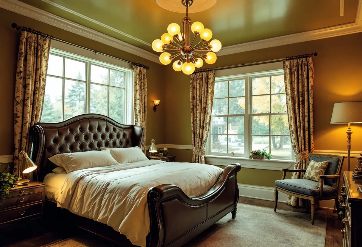 This retro bedroom exudes a warm and inviting atmosphere, characterized by its rich color palette and vintage-inspired furnishings. The walls are painted in a cozy olive green, which complements the dark, tufted leather headboard of the bed. The bedding is in a soft white, creating a striking contrast with the darker elements of the room and adding a touch of crisp elegance. The large, framed windows let in ample natural light, enhancing the warmth of the space and highlighting the room's details.

The lighting fixtures are a standout feature, with a mid-century modern chandelier hanging from the ceiling, casting a soft, amber glow that enhances the room's retro charm. Flanking the windows are heavy drapes with a classic floral pattern, adding a touch of traditional sophistication. The room is furnished with a vintage-style chair and a matching wooden side table, both of which reinforce the retro aesthetic. Overall, this bedroom is a harmonious blend of mid-century and traditional styles, creating a space that feels both timeless and comfortable.