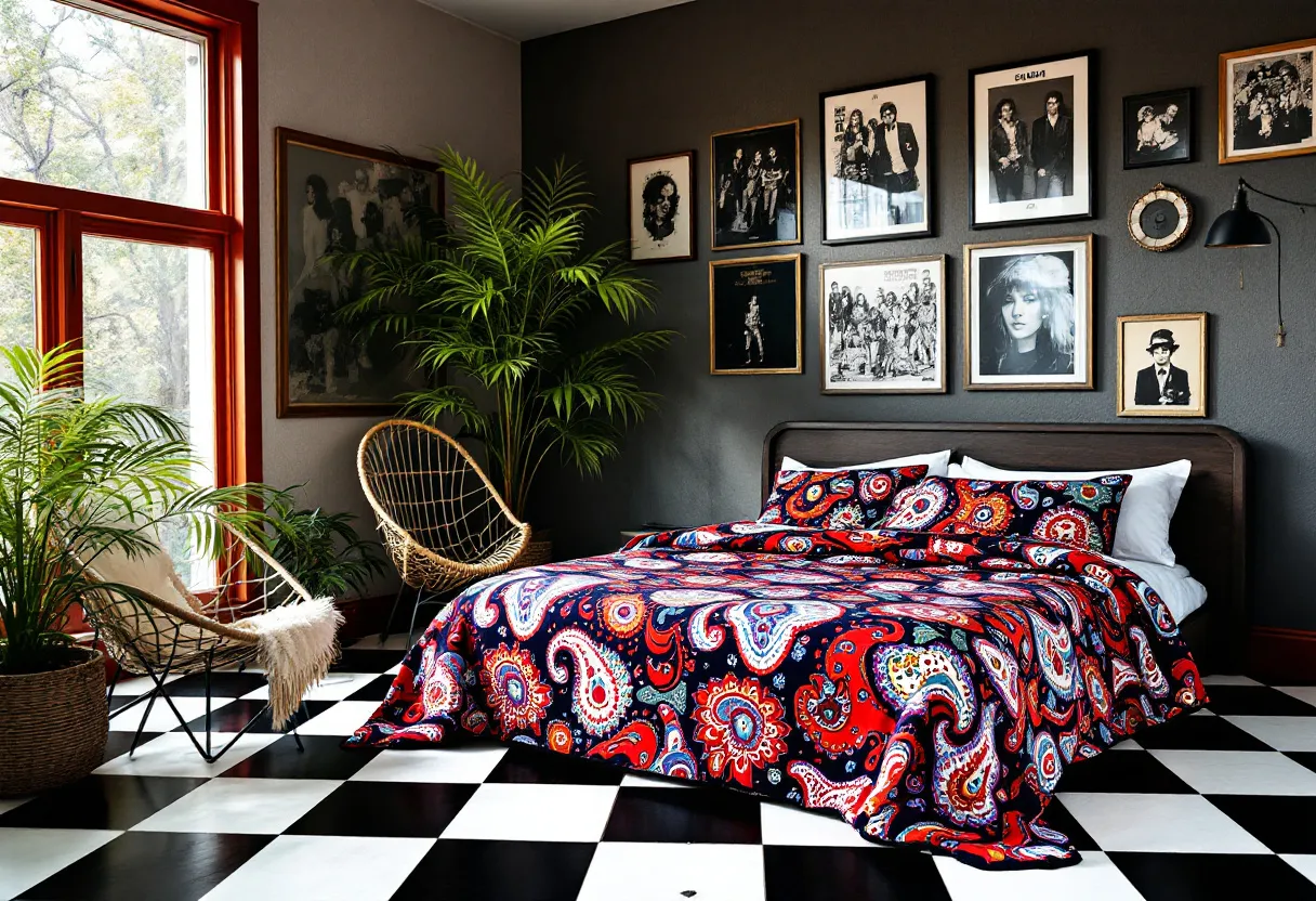 This retro bedroom exudes a vibrant and eclectic charm, combining bold patterns and textures with mid-century flair. The black and white checkered floor sets the stage for the room's vintage appeal, contrasting sharply with the vivid, paisley-patterned bedspread in rich red, blue, and white hues. The bed itself is understated, framed in dark wood that complements the room's sophisticated ambiance. The interplay of colors and patterns contributes to an overall sense of energy and movement, drawing the eye around the space.

The walls of the room offer a gallery-like arrangement, adorned with an array of black-and-white photographs and artwork that evoke a nostalgic nod to past decades. A mix of iconic figures and groups from the world of music and film adds a layer of cultural depth. Large, leafy plants in the room introduce a natural touch, blending seamlessly with the retro furnishings like the woven chair in the corner. Natural light filters through large, deep-toned window frames, enhancing the room's warmth and inviting atmosphere, while the classic wall clock ties together its retro motif.