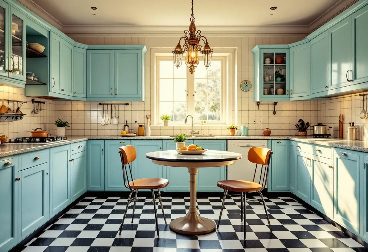 This retro kitchen exudes a charming mid-century vibe, with its pastel blue cabinetry and checkered black-and-white floor tiles. The cabinetry features classic paneling with metallic handles, adding to the nostalgic feel. The countertops have a speckled design that complements the overall color scheme. A large window above the sink allows natural light to flood the space, enhancing its airy and welcoming atmosphere. Above the window hangs a vintage-style clock that adds a functional yet decorative touch.

Central to the kitchen is a round table with sleek, curved chairs that feature warm brown cushions, offering a cozy spot for casual meals. A modest yet elegant chandelier hangs from the ceiling, casting a warm glow over the dining area. The walls are adorned with simple white tiles, keeping the aesthetic clean and timeless. Various kitchen utensils are neatly arranged, adding both practicality and style. The space is dotted with small potted plants, adding a touch of greenery, while fresh fruit on the table enhances the inviting and lived-in feel.