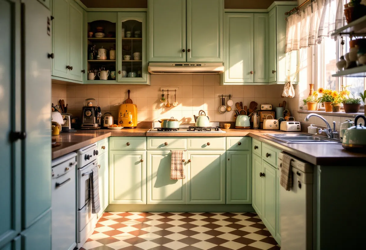 This retro kitchen features a charming 1950s aesthetic, characterized by its soothing pastel mint green cabinetry. The cabinets, with their classic paneling and round, dark knobs, create a nostalgic ambiance. The countertops offer a warm, wooden surface that complements the overall color scheme, providing a natural touch to the room. Sunlight streaming through a sheer, lace-trimmed curtain enhances the welcoming atmosphere, casting soft shadows on the checkered floor. The vintage-style curtain adds a delicate, homey feel to the space, tying in with the open-airy vibe.

The kitchen is accented with an assortment of retro appliances and accessories. A vibrant yellow toaster and blender add pops of color, creating a playful contrast against the subdued mint backdrop. The stovetop, nestled between the cabinets, is equipped with pastel-colored cookware that echoes the kitchen's theme. Open shelves display neatly arranged mugs and bowls, emphasizing both style and functionality. Potted plants on the windowsill breathe life into the space, adding a touch of greenery that feels invigorating and fresh. Overall, this kitchen embodies a perfect blend of retro charm and cozy functionality.