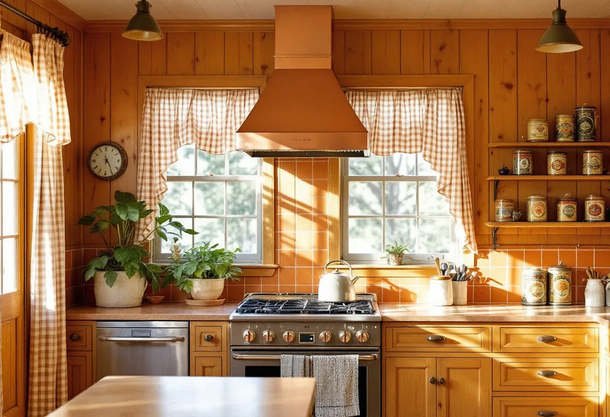 This retro kitchen exudes warmth and nostalgia with its rich wood paneling and cabinetry. The soft, natural light filtering through the checkered curtains adds a cozy ambiance, highlighting the vintage charm of the space. The focal point of the kitchen, the classic oven and range, features a copper hood that complements the earthy tones of the wooden elements. The countertops are adorned with simple, functional decor like potted plants and neatly arranged utensils, enhancing the homely feel.

The shelving on the right houses a collection of vintage canisters, adding a subtle yet vibrant touch with their colorful labels. These details, along with the earthy color palette and natural materials, craft a welcoming atmosphere reminiscent of past decades. The space invites warmth and functionality, making it a delightful setting for cooking and gathering.