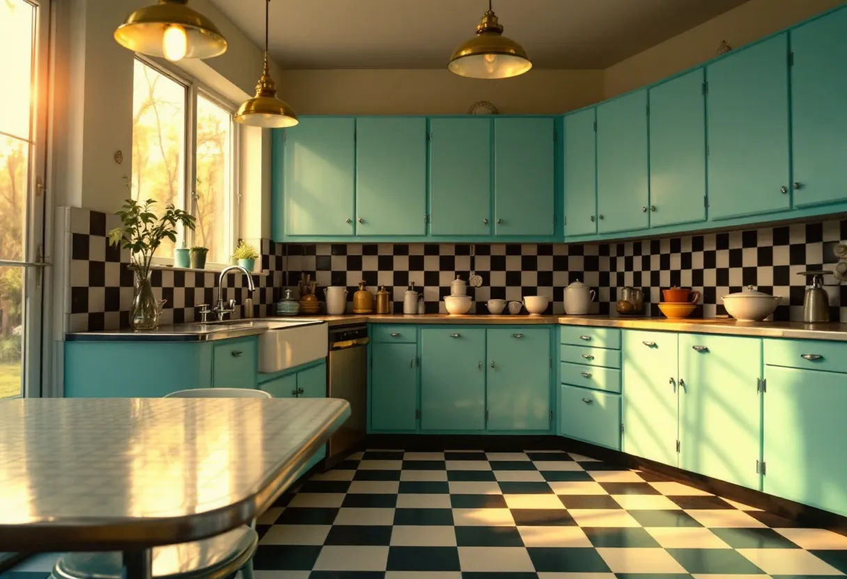 This retro kitchen is a delightful blend of classic design and vibrant colors, capturing the essence of mid-20th-century style. The walls are adorned with a bold black-and-white checkered pattern that extends across the backsplash behind the counters. This striking design choice is mirrored on the floor, unifying the space with a playful geometric theme. The cabinetry is painted in a bright turquoise hue, adding a cheerful contrast to the monochromatic tiles and infusing the space with a sense of nostalgia.

The kitchen's furnishings include a vintage dinette set with a glossy, patterned tabletop and chrome accents, typical of the era's design aesthetic. Brass pendant lights hang from the ceiling, casting a warm glow on the room and contributing to the kitchen's cozy ambiance. The large windows allow natural light to flood the space, highlighting the retro elements and creating an inviting atmosphere. The combination of colors and textures in this kitchen not only pays homage to a bygone era but also provides a functional and stylish setting for everyday life.