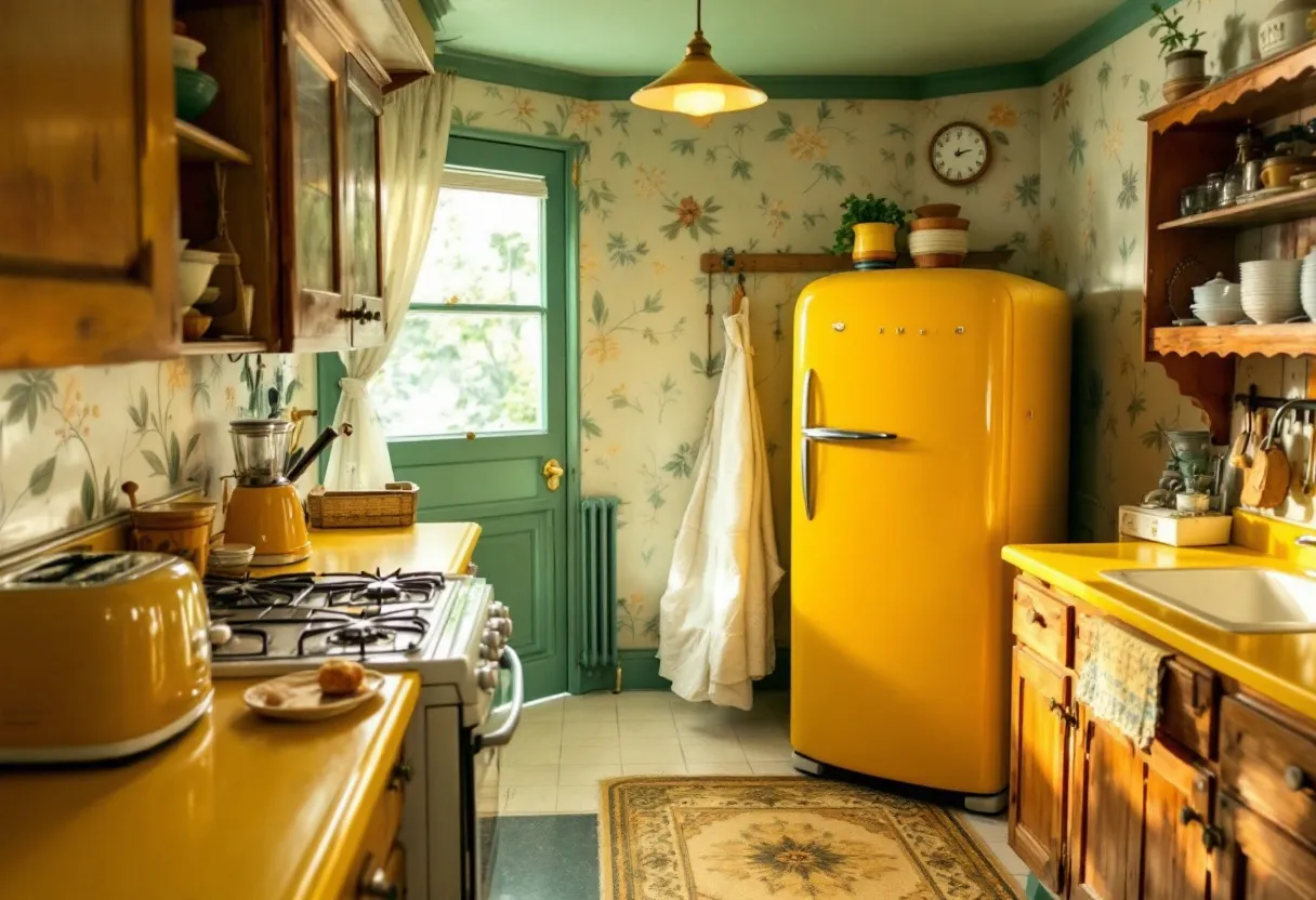 This retro kitchen exudes a warm and inviting atmosphere, characterized by its cheerful yellow appliances that stand out against the floral patterned wallpaper. The centerpiece is a vintage-style refrigerator, which adds a bold splash of color and charm. The cabinetry is crafted from rich, warm wood, evoking a sense of nostalgia, and is paired with classic brass handles that enhance its timeless appeal.

Complementing the refrigerator is a matching toaster and kettle, reinforcing the coordinated design theme. A gas stove with a retro look occupies a central spot, and the countertops are in a similarly vibrant yellow, seamlessly tying the appliances and cabinetry together. A window draped with soft white curtains allows natural light to flood the space, highlighting the intricate details of the room. A decorative rug adds a cozy touch, harmonizing with the floral motif and completing the welcoming feel of this vintage-inspired kitchen.