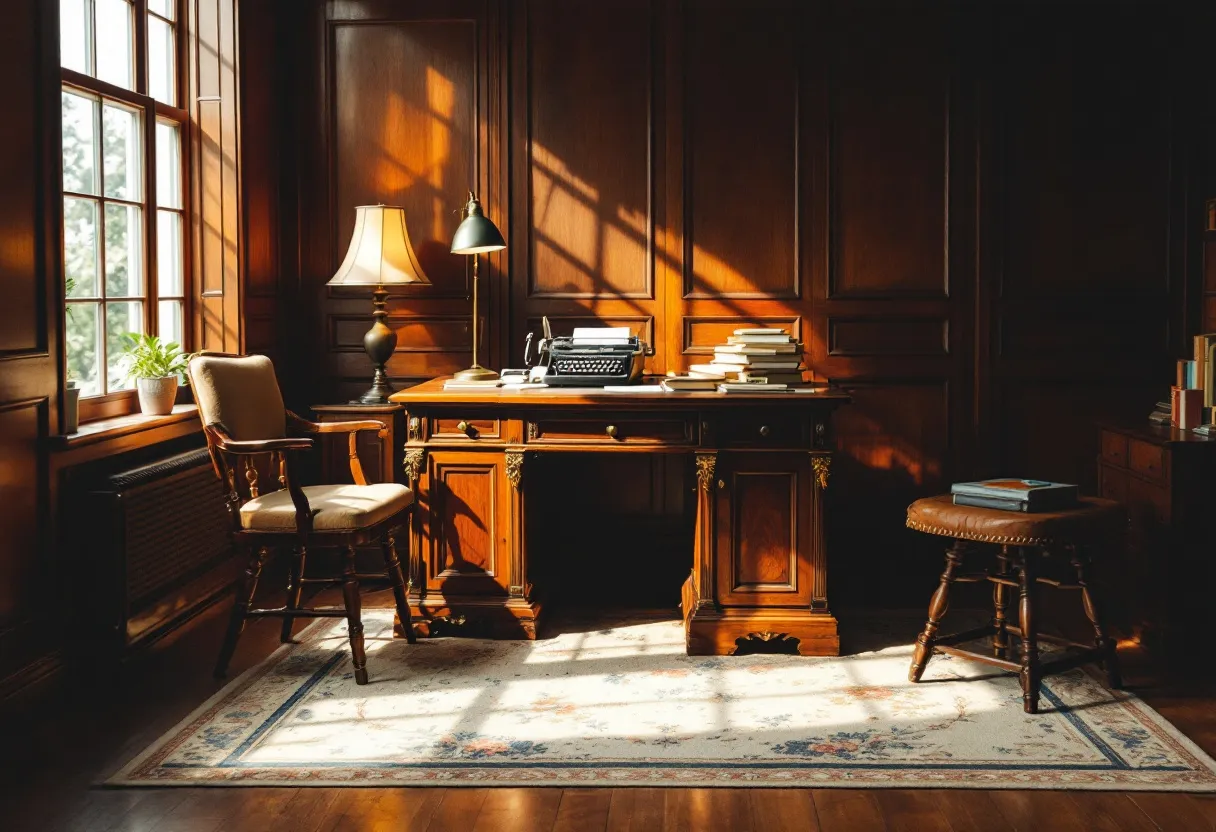 This retro office exudes a sense of timeless elegance, characterized by its rich wooden paneling and classic furnishings. The warm, earthy tones of the wood create an inviting and sophisticated atmosphere, capturing the essence of a bygone era. A large wooden desk stands prominently as the centerpiece, adorned with a vintage typewriter, hinting at the productivity and creativity that once took place in this space. The desk is neatly organized with stacks of books, suggesting a scholarly or literary presence. The soft glow from a traditional desk lamp casts gentle shadows, enhancing the nostalgic feel of the room.

A cushioned armchair by the window offers a comfortable spot for contemplation or reading, inviting one to sit back and enjoy the view outside. The plush area rug beneath the desk adds a touch of luxury, its subtle pattern complementing the overall decor. The room is illuminated by natural light streaming through the large windows, which highlights the beautiful grain of the wooden surfaces. The carefully curated elements of this office work harmoniously to evoke a sense of history and charm, making it a perfect sanctuary for reflection and creativity.