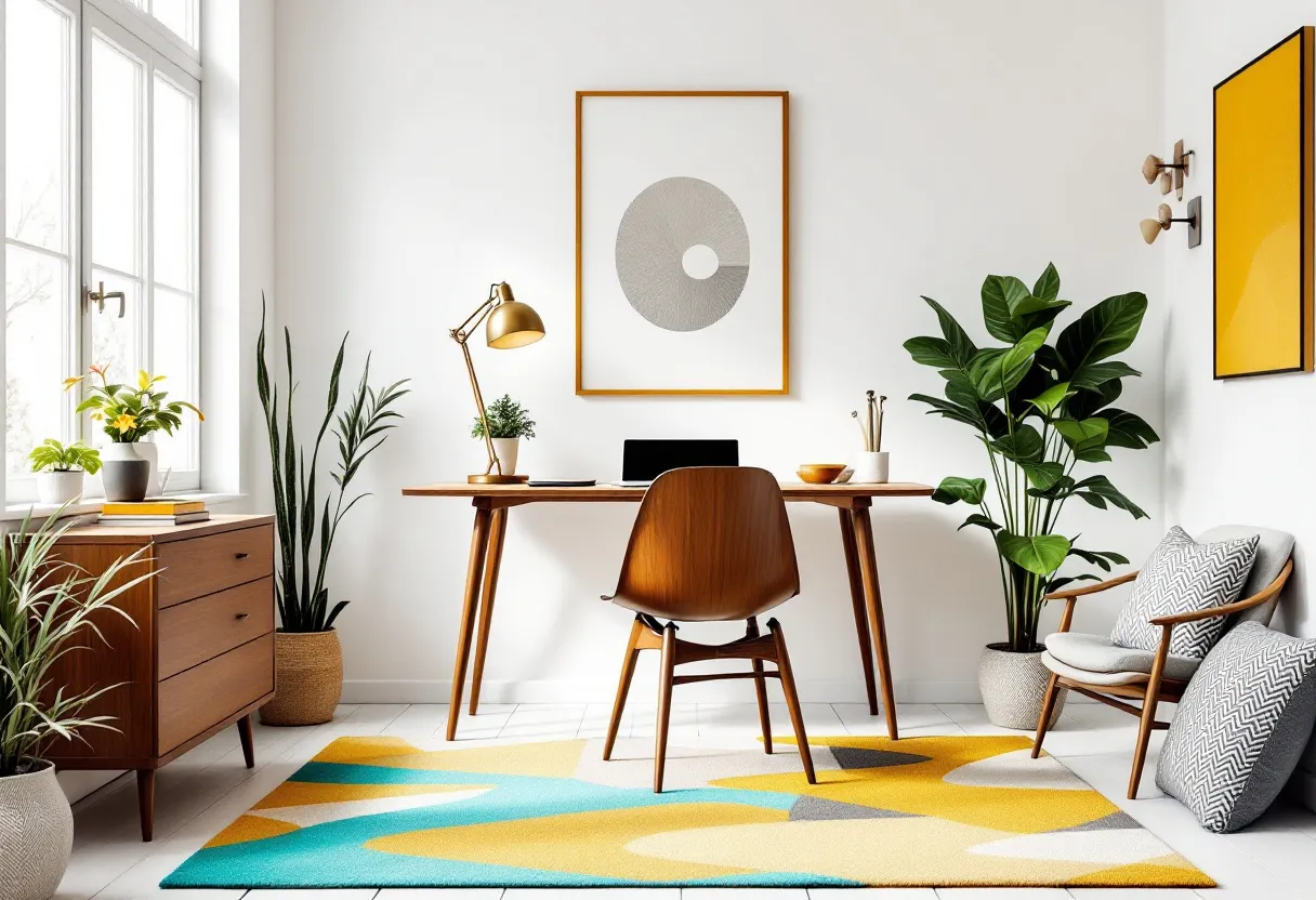 This retro office exudes a warm, inviting atmosphere with its blend of mid-century modern design elements and vibrant colors. The room is accented by a wooden desk and chair with sleek, minimalist lines, epitomizing the style of the era. A brass desk lamp adds a classic touch, providing both style and functionality. Natural light floods the space through large windows, illuminating the leafy green plants strategically placed to enhance the room's aesthetic and add a touch of nature. The room's color palette is sophisticated, with the furniture's rich wood tones balancing seamlessly with the pops of yellow and teal.

On the floors, a patterned rug with bold geometric shapes in complementary colors of yellow, teal, and gray provides a striking visual anchor for the room. The walls are adorned with simple yet elegant art pieces, including a circular monochrome print that ties back to the room’s geometric theme. A combination of decorative elements like throw pillows and plants effortlessly blend comfort with style, making the space both functional and aesthetically pleasing. The overall design creates a nostalgic yet timeless office environment.