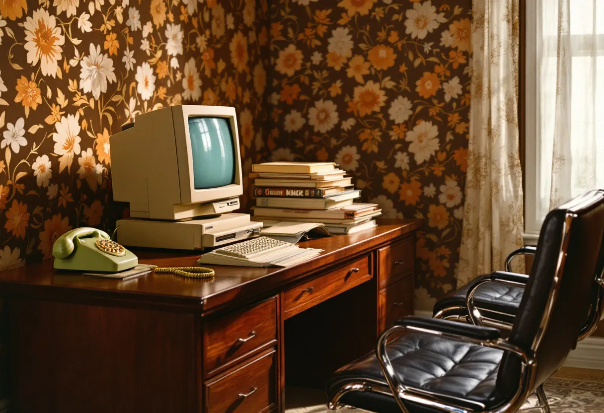 This retro office exudes a classic charm with its warm, nostalgic aesthetic. The room's focal point is a vintage computer, characterized by its bulky monitor and keyboard, suggesting a throwback to the early days of personal computing. Adjacent to the computer, a stack of books and papers sits neatly atop a polished wooden desk, evoking a sense of productivity and intellectual pursuit. The decor is completed by a rotary dial telephone in a soft shade of green, adding a whimsical touch to the workspace.

The overall ambiance is enhanced by the room's cozy furnishings. The wallpaper, featuring a bold floral pattern in earthy tones, adds depth and personality, capturing the essence of retro style. Complementing this is the elegance of the leather chairs with chrome frames, offering a sophisticated yet comfortable seating option. Light filters gently through sheer, patterned curtains, creating an inviting atmosphere that blurs the line between nostalgia and functionality.