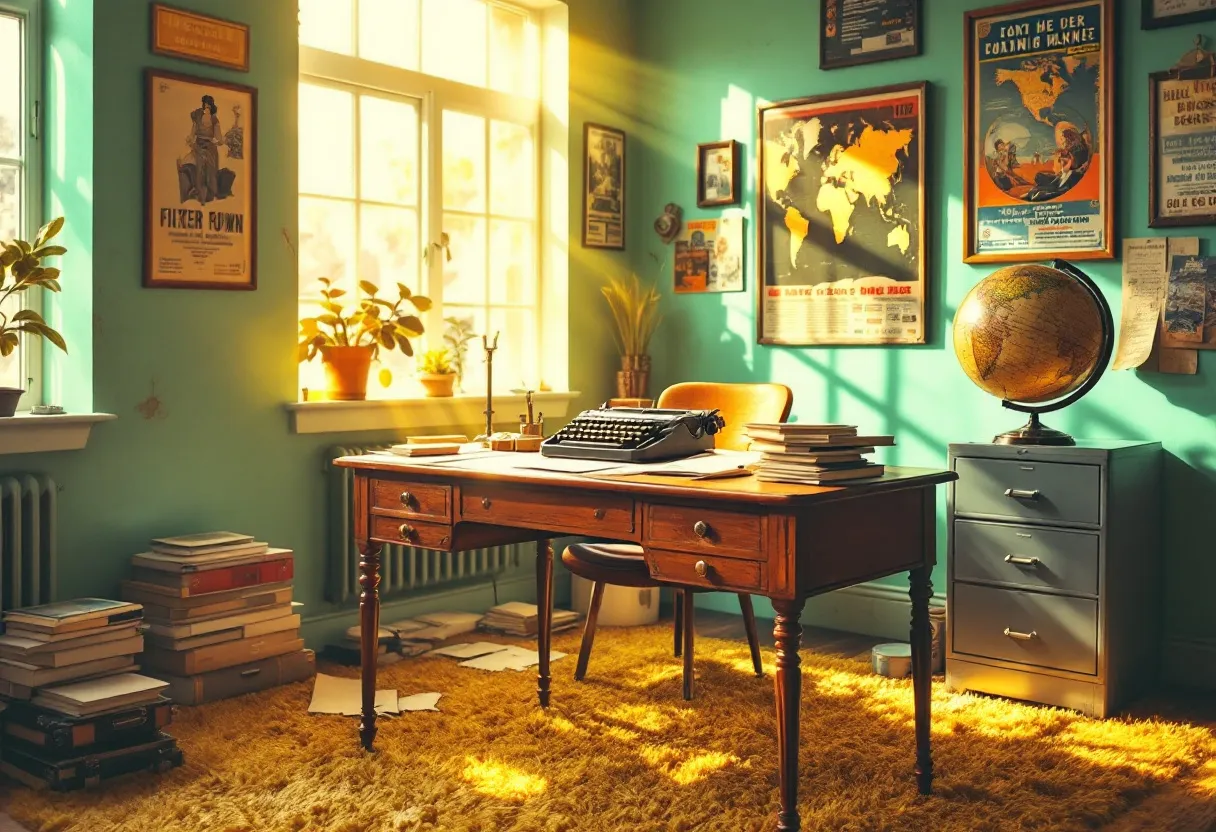 This retro office exudes a sense of nostalgia with its warm, vintage ambiance. The room is anchored by a wooden desk featuring elegant turned legs and brass handles on its drawers, adding a touch of classic sophistication. Atop the desk sits a vintage typewriter, accompanied by stacks of papers and books, evoking the image of a writer in the mid-20th century. The shag carpet, rich in golden tones, enhances the cozy and intimate feel of the space, suggesting a time when such textiles were a popular choice for home and office decor.

Sunlight filters through large windows, casting a warm glow across the room and illuminating the eclectic collection of wall posters and maps that speak to a bygone era. A globe perched on a nearby cabinet suggests a worldly curiosity, while potted plants add a touch of life and freshness to the setting. The combination of earthy green and teal walls provides a soothing backdrop, complementing the array of prints and memorabilia that contribute to the room's character and timeless charm.