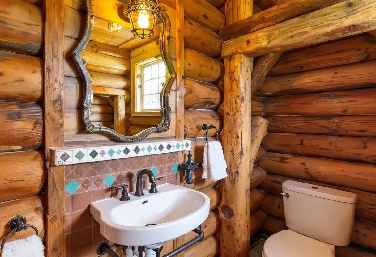 This rustic bathroom exudes a cozy and inviting atmosphere, emphasized by the prominent use of natural wood logs that make up the walls and structural elements. The warm tones of the wood create a serene and natural ambiance, perfectly complemented by the soft, ambient lighting from the charming lantern-style fixture. The unique, irregularly-shaped mirror above the sink adds character and blends harmoniously with the rustic theme, reflecting light to enhance the room's warmth and depth. A small window allows natural light to filter in, further highlighting the rich textures of the wooden surfaces.

The wash area features a classic white porcelain sink with vintage-style faucet fixtures, which enhance the room's rustic charm. Below the mirror, the backsplash showcases a row of decorative tiles with earthy tones interspersed with turquoise accents, adding a splash of color that enlivens the space. The overall design balances functionality with aesthetic appeal, creating a bathroom that feels both timeless and intimately connected to nature.