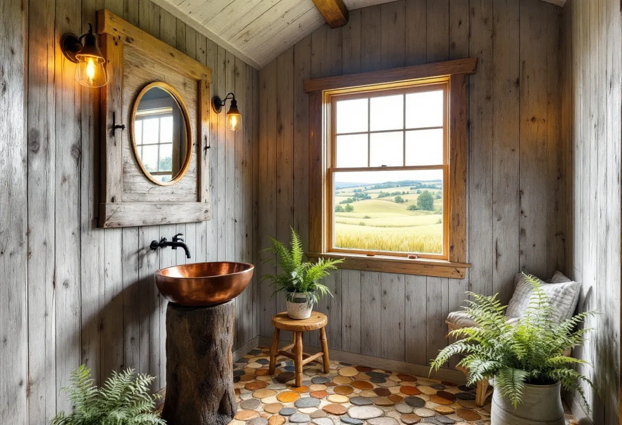 This rustic bathroom exudes a warm and inviting charm with its use of natural materials and earthy tones. The walls are clad in weathered wooden planks, giving the space a cozy cabin-like feel. The focal point is the uniquely artistic sink setup: a stunning copper basin perched atop a natural wood pedestal, which adds an organic touch to the room. Above the sink, a round mirror with a distressed wooden frame complements the room’s rustic theme, while the industrial-style wall sconces provide soft, ambient lighting that enhances the overall atmosphere.

The bathroom also benefits from a large window that allows in plenty of natural light, offering a picturesque view of rolling fields and distant hills. The floor is covered in an array of smooth, rounded stones with varying shades of earthy colors, contributing both texture and warmth. Accents like the simple wooden stool, the luscious green plants, and a plush cushion add layers of comfort and serenity, making this bathroom a retreat that perfectly blends rustic elegance with nature’s tranquility.