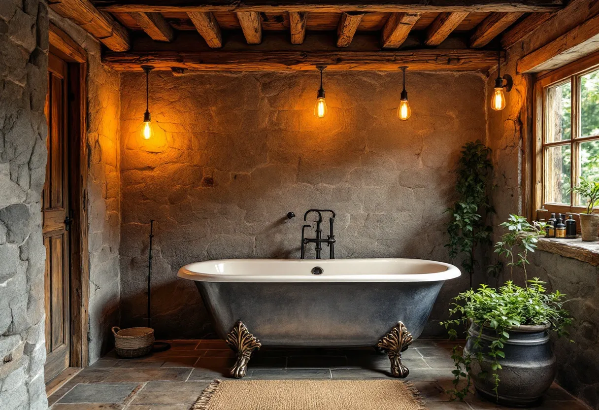 This rustic bathroom exudes a warm and inviting ambiance, characterized by its earthy tones and natural materials. The walls are composed of textured stone, giving the space a raw, unrefined feel that harmonizes seamlessly with the wooden ceiling beams overhead. Three exposed lightbulbs hang down, casting a soft, amber glow that accentuates the natural textures and colors within the room. A wooden door complements the overall theme, offering a simple yet elegant touch to the space.

The focal point of the bathroom is a vintage-style clawfoot bathtub, positioned prominently against one of the stone walls. Its metallic exterior contrasts beautifully with the softness of the surrounding materials. Nearby, lush greenery in large pots adds a touch of freshness and life, their leaves providing an organic contrast to the rugged stone surfaces. A large window allows natural light to stream in, highlighting the verdant plants and adding to the tranquil, spa-like atmosphere.