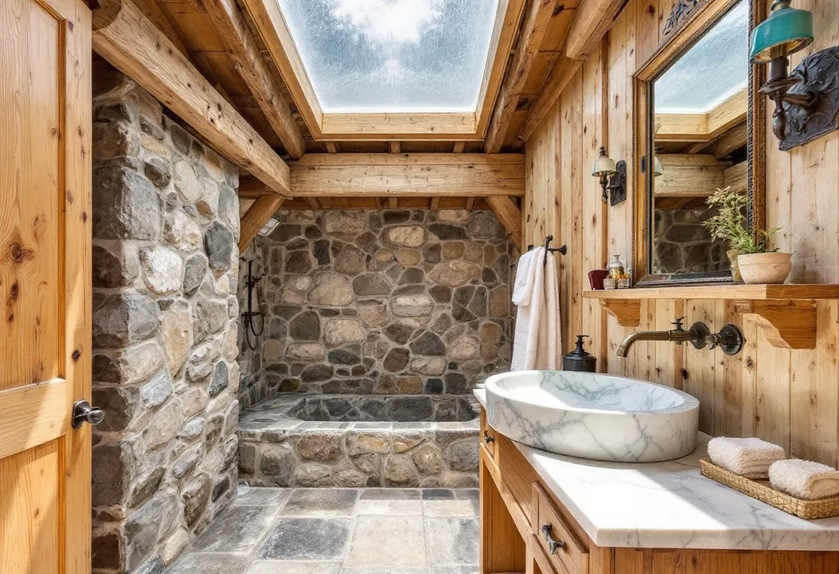 This rustic bathroom exudes a warm and earthy charm, characterized by its use of natural materials. The walls and ceiling are crafted from rich, wooden planks, giving the space a cozy, cabin-like feel. A prominent feature is the stone wall, which adds texture and an organic element, complementing the raw wood. The stones vary in shape and hue, providing a natural contrast to the smooth, light-colored wooden surfaces surrounding them.

The bathroom is illuminated by a generous skylight, allowing ample natural light to flood the space and enhance the warmth of the wood tones. A striking marble sink sits atop a wooden vanity, blending elegance with rustic charm. Accents like the wrought iron faucet and sconces further emphasize the rustic theme, while simple decor pieces, like neatly rolled towels and a small potted plant, add a touch of softness to the overall aesthetic.