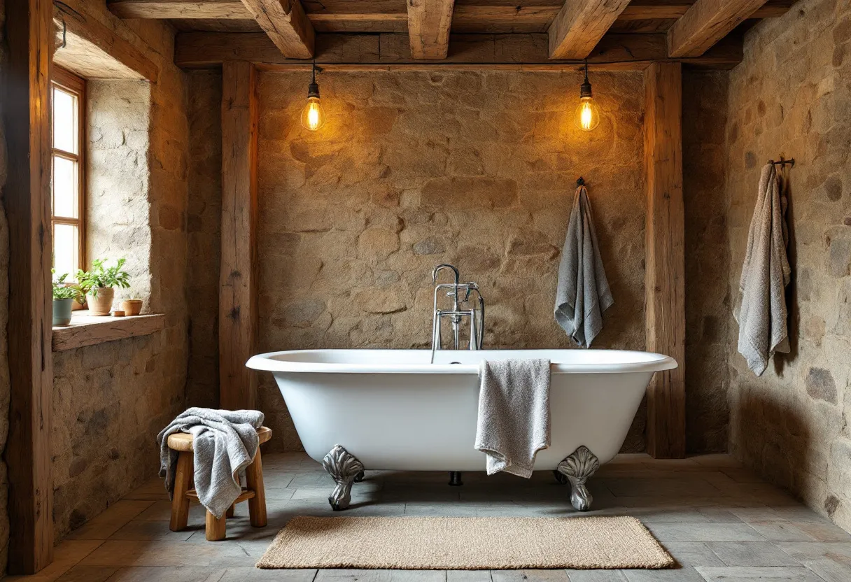 This rustic bathroom exudes a warm and welcoming charm with its natural stone walls and wooden beam ceiling. The stone walls provide a textured, earthy backdrop that blends seamlessly with the rugged wooden beams above, creating a cozy, cabin-like atmosphere. The neutral tones of the stone and wood harmonize to form a serene retreat, perfect for unwinding. The soft lighting from the exposed bulb pendant lights adds a gentle glow, enhancing the inviting ambiance and highlighting the natural materials.

The centerpiece of the bathroom is the classic clawfoot tub, which adds a touch of elegance to the rustic setting. The tub's smooth white finish contrasts beautifully with the rough stone and wood elements, while the metal clawfoot details subtly introduce a vintage flair. Complementing the tub are simple yet functional accessories such as neatly hung towels and a small wooden stool draped with a soft blanket, which contribute to the room's understated charm. Adjacent to the tub, a window with potted plants allows natural light to filter in, reinforcing the connection to nature and adding a fresh, vibrant element to the space.