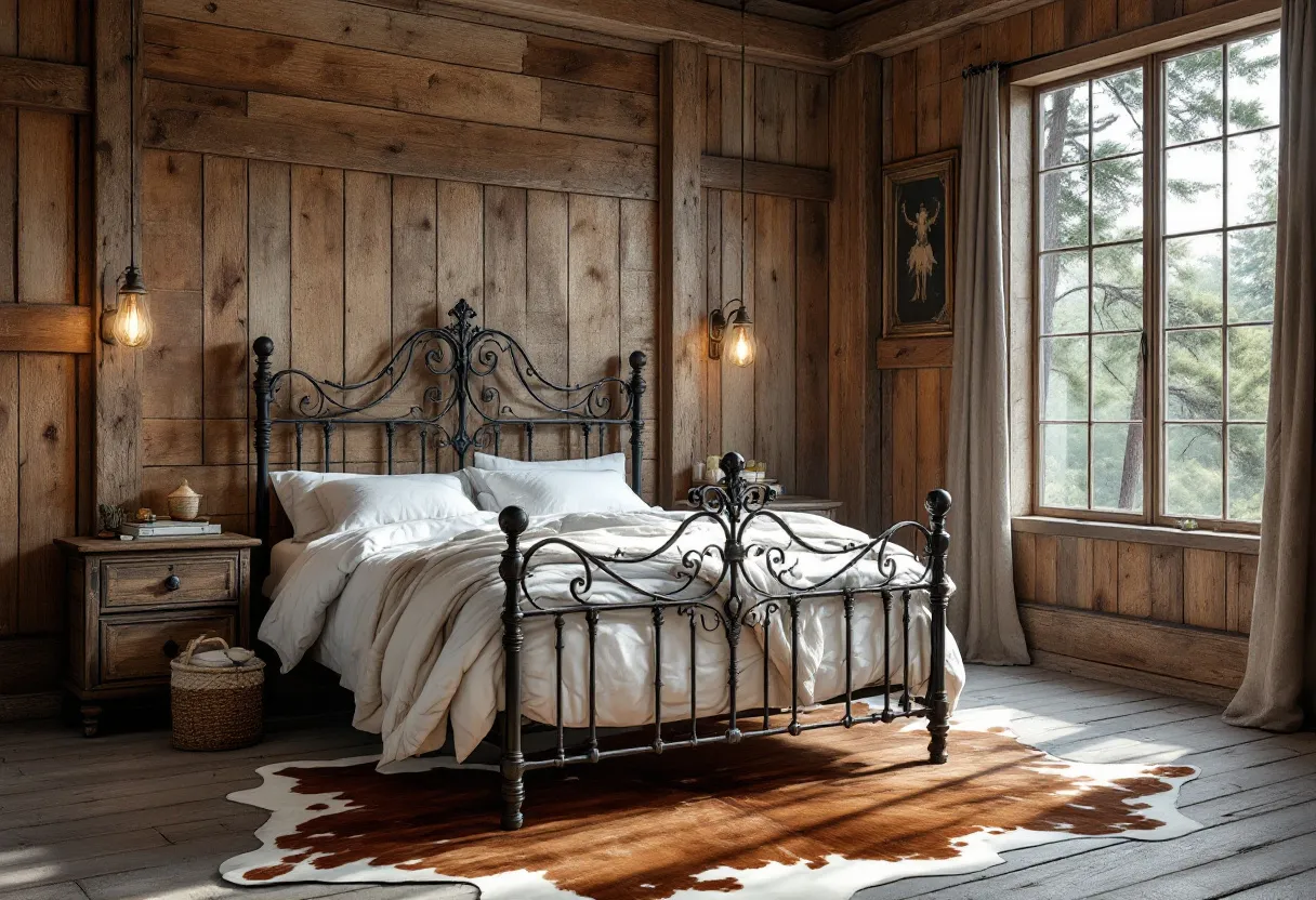 This rustic bedroom exudes warmth and coziness, showcasing a harmonious blend of wood and iron elements. The walls, dressed in natural wooden planks, create an inviting atmosphere reminiscent of a cabin retreat. Central to the room is a wrought iron bedframe, intricately designed, which adds a touch of elegance against the simplicity of the wood. The bedding is plush and inviting, with crisp white linens that contrast beautifully with the darker tones of the bedframe and walls.

The room is softly illuminated by vintage-style hanging light bulbs, which enhance the rustic ambiance and cast a warm glow across the space. A large window allows natural light to stream in, highlighting the textures of the wood and providing a breathtaking view of the greenery outside. A cowhide rug on the floor introduces an element of rustic charm and adds a layer of comfort underfoot. The overall design is simple yet sophisticated, creating a tranquil escape that feels both timeless and modern.