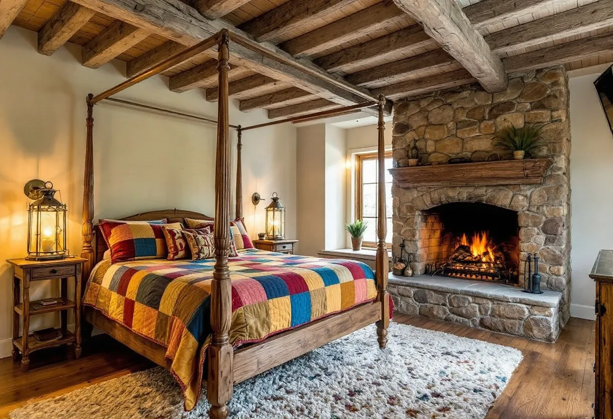 This rustic bedroom exudes warmth and comfort, featuring a cozy four-poster bed adorned with a vibrant patchwork quilt in warm, earthy tones. The quilt’s colors are complemented by the matching pillows, creating a harmonious blend that enhances the inviting atmosphere. The bed is framed by two wooden nightstands, each topped with vintage-style lanterns, casting a soft, ambient glow that emphasizes the room's rustic charm.

The room's centerpiece is a striking stone fireplace, adding to the overall cozy and rustic ambiance. The mantel is adorned with subtle decorative accents and flanked by a comfortable rug underfoot, enhancing the sense of warmth and relaxation. Wooden beams on the ceiling further accentuate the rustic theme, while a large window provides ample natural light, illuminating the space and offering a view of the outdoors. The combination of elements in this bedroom showcases a perfect balance of rustic style and modern comfort.