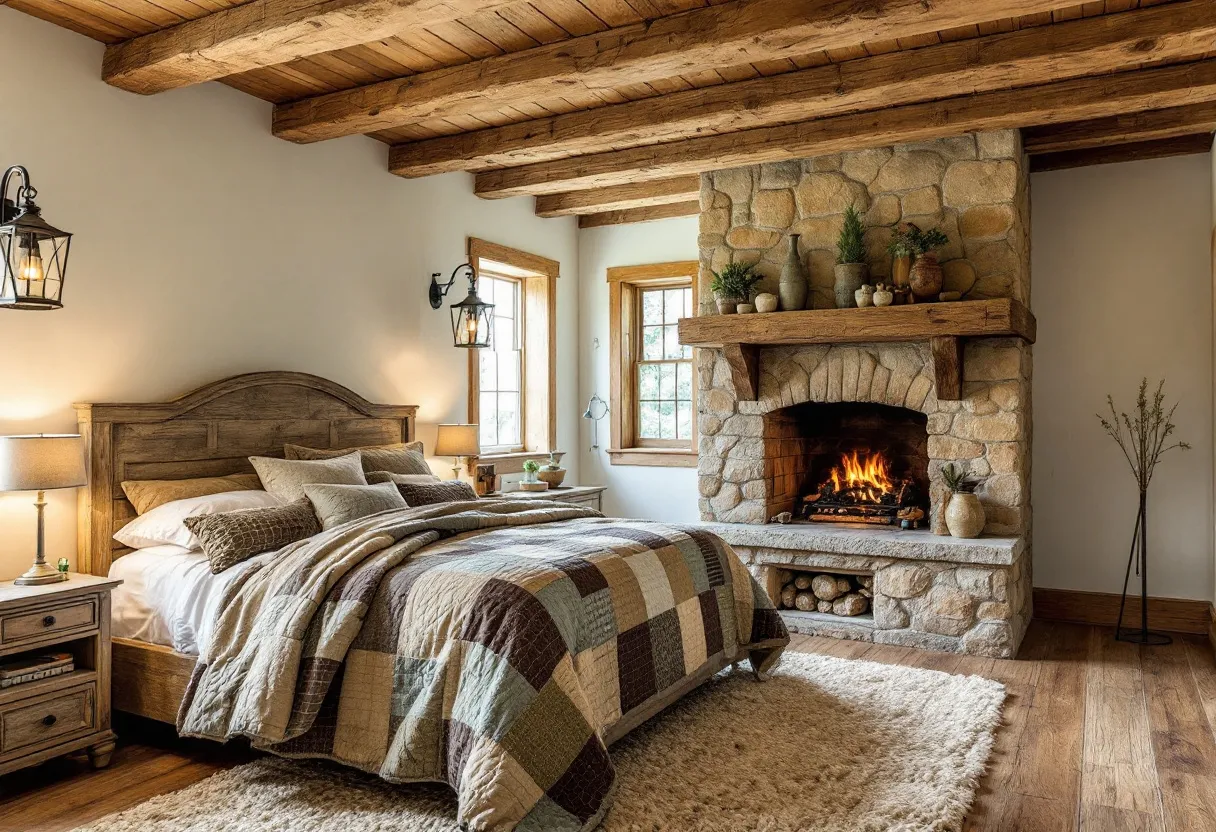 This rustic bedroom exudes warmth and comfort, highlighted by its charming wooden elements and cozy decor. The room features a prominent stone fireplace, creating a focal point that enhances the rustic ambiance. The wooden beams lining the ceiling add a touch of rustic elegance, complementing the hardwood floor. Natural light filters through the windows, creating a serene and inviting atmosphere.

The bed, dressed in a patchwork quilt, exudes a homey charm with its array of textured pillows. Side tables with matching wooden finishes flank the bed, topped with classic lamps that emit a soft, warm glow. The decor, with its neutral tones and scattering of greenery on the mantel, adds to the room’s relaxing and earthy vibe, making it a perfect retreat for relaxation.