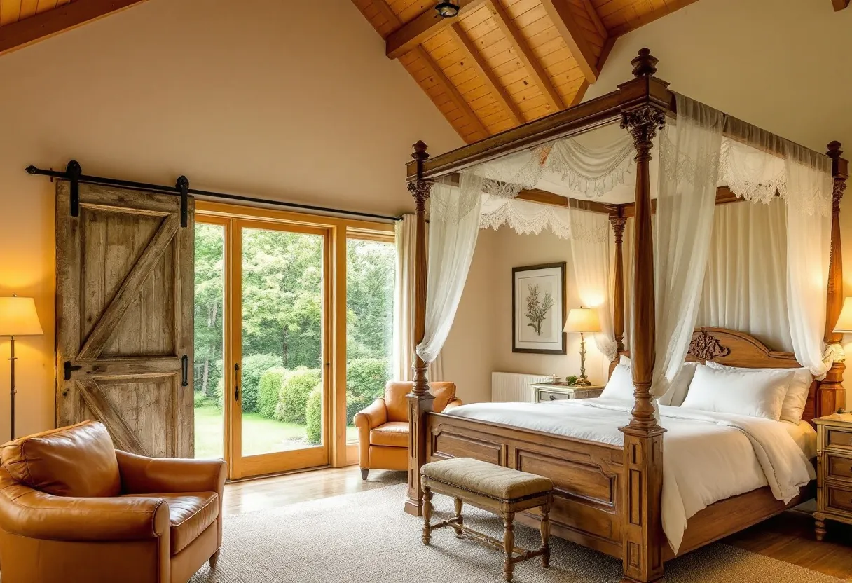 This rustic bedroom exudes warmth and charm with its inviting wooden elements and natural tones. The centerpiece of the room is a grand four-poster bed, adorned with elegant, translucent drapes that add a touch of romance and softness. The rich, carved wood of the bed is complemented by the wooden beamed ceiling, enhancing the room's rustic appeal. A large wooden barn door slides open to reveal expansive windows, flooding the room with natural light and offering a serene view of the lush greenery outside.

The decor is completed with cozy leather armchairs, a plush area rug, and classic bedside tables, each topped with vintage-style lamps that cast a warm glow across the space. The soft neutral tones of the walls and bedding blend seamlessly with the wooden furnishings, creating a harmonious and tranquil environment. An understated framed artwork adds a subtle touch of sophistication, while the overall design invites relaxation and comfort, making this a perfect retreat from the outside world.