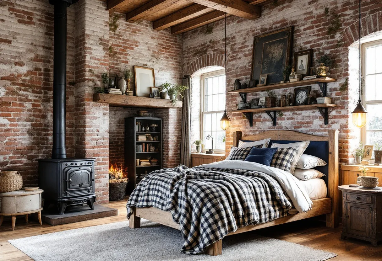 This rustic bedroom exudes a warm, inviting atmosphere with its exposed brick walls and wooden elements. The centerpiece is a sturdy wooden bed adorned with a comfortable-looking plaid blanket that adds a touch of coziness. Flanking the bed, two large windows allow natural light to pour in, highlighting the earthy tones of the room. A soft, neutral-toned area rug covers the wooden floor, providing a subtle contrast to the rough texture of the brickwork. 

Above the bed, wooden shelves hold a variety of charming decor, including framed artwork and small plants that bring a hint of nature indoors. A black wood stove sits on one side, with a stack of logs nearby enhancing the rustic charm. This setup ensures warmth and creates a cozy focal point. The space is further accentuated by tasteful lighting fixtures that cast a gentle, ambient glow, completing the tranquil and inviting ambiance of this rustic retreat.