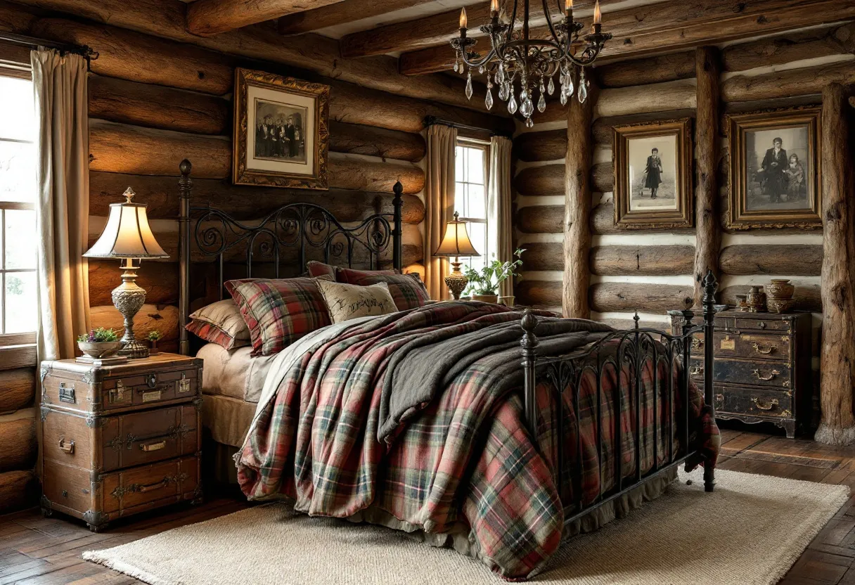 This rustic bedroom exudes a warm and inviting charm, characterized by its log cabin walls and exposed wooden beams. The wood’s natural texture provides a cozy, earthy backdrop that complements the vintage and country-inspired decor. The centerpiece of the room is a sturdy iron bed frame, adorned with plaid bedding in rich, warm tones of red and green, adding a classic touch that harmonizes with the rustic theme. A plush, neutral-toned rug rests on the hardwood floor, enhancing the room's warmth and comfort.

The room is accented by antique-style furniture, including two wooden side tables with intricate metal details that add character and authenticity. Each side table is topped with a traditional lamp, casting a soft, ambient glow throughout the room. Walls are decorated with framed black-and-white photographs, evoking a sense of nostalgia and history. A grand chandelier with crystal accents hangs from the ceiling, offering an elegant contrast to the bedroom’s rustic elements. Natural light filters through simple, earthy curtains, highlighting a small plant on one of the tables, adding a touch of life and freshness to the space.