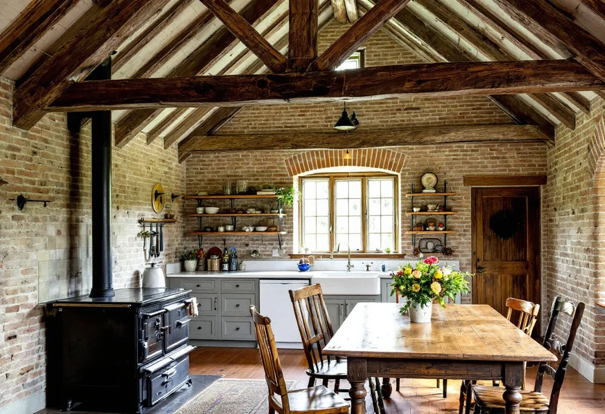 This rustic kitchen exudes warmth and charm, featuring exposed brick walls that set a cozy, earthy tone. The high, vaulted ceiling with exposed wooden beams adds to the rustic ambiance, allowing natural light to filter through slightly, casting soft shadows that accentuate the textures of the brick and wood. The room is anchored by a classic wood-burning stove, bringing a sense of nostalgia and functionality. The presence of open shelves provides ample space for displaying dishware and kitchen essentials, enhancing the lived-in, welcoming feel.

The wooden dining table is adorned with a simple, yet elegant arrangement of fresh flowers, inviting gatherings and shared meals. The chairs around the table are mismatched, adding character and an element of informality to the setting. The overall palette is a blend of warm woods and soft, natural tones, with greenery subtly integrated to bring in a touch of freshness and color. This kitchen space is a perfect blend of rustic elegance and practical living, making it the heart of the home.