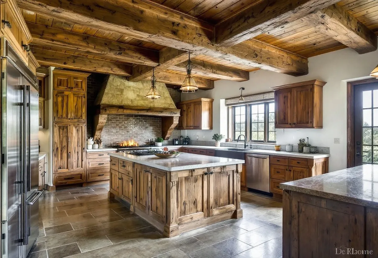 This rustic kitchen exudes a warm and inviting atmosphere, characterized by its extensive use of natural wood elements. The ceiling is adorned with exposed wooden beams that add a touch of traditional charm and complement the cabinetry beautifully. A large island sits at the center, crafted from rich, weathered wood that mirrors the cabinetry, providing ample workspace and seating for casual gatherings. The stone flooring adds to the overall rustic appeal, enhancing the kitchen's earthy tones and natural textures.

Natural light floods the space from the large windows, which offer a view of the surroundings and complement the warm, earthy colors of the kitchen. The brick backsplash behind the stove area adds a touch of rugged elegance and serves as a focal point. The combination of wood, stone, and metal creates a harmonious blend of materials that highlights the rustic design, offering both functionality and timeless beauty.