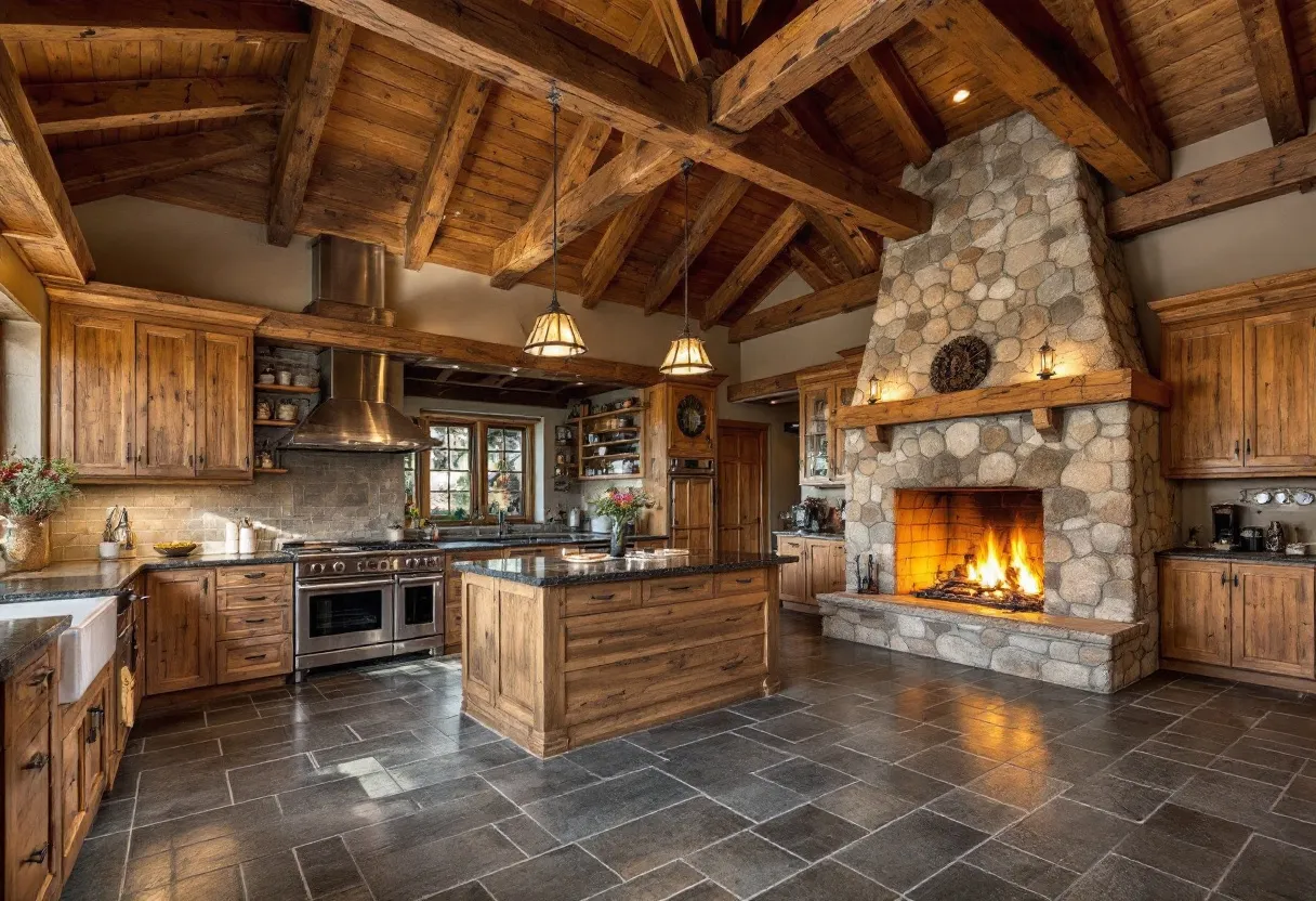 This rustic kitchen exudes warmth and charm with its prominent use of natural materials. The exposed wooden beams on the ceiling create a cozy, inviting atmosphere while highlighting the craftsmanship of the space. Stone elements add a touch of rugged elegance, especially evident in the grand fireplace, which serves as a focal point and adds a welcoming glow. The cabinetry is made from richly toned wood, enhancing the rustic feel and offering ample storage space. 

The kitchen island, with its dark countertop, provides a perfect contrast to the wood, adding depth to the design. Pendant lights hang elegantly from the ceiling, casting a soft light that complements the warm tones of the room. The tiled floor, in a muted color palette, ties the overall design together, offering durability and practicality. A large window allows natural light to flood the space, highlighting the harmonious blend of textures and colors that define this rustic kitchen.