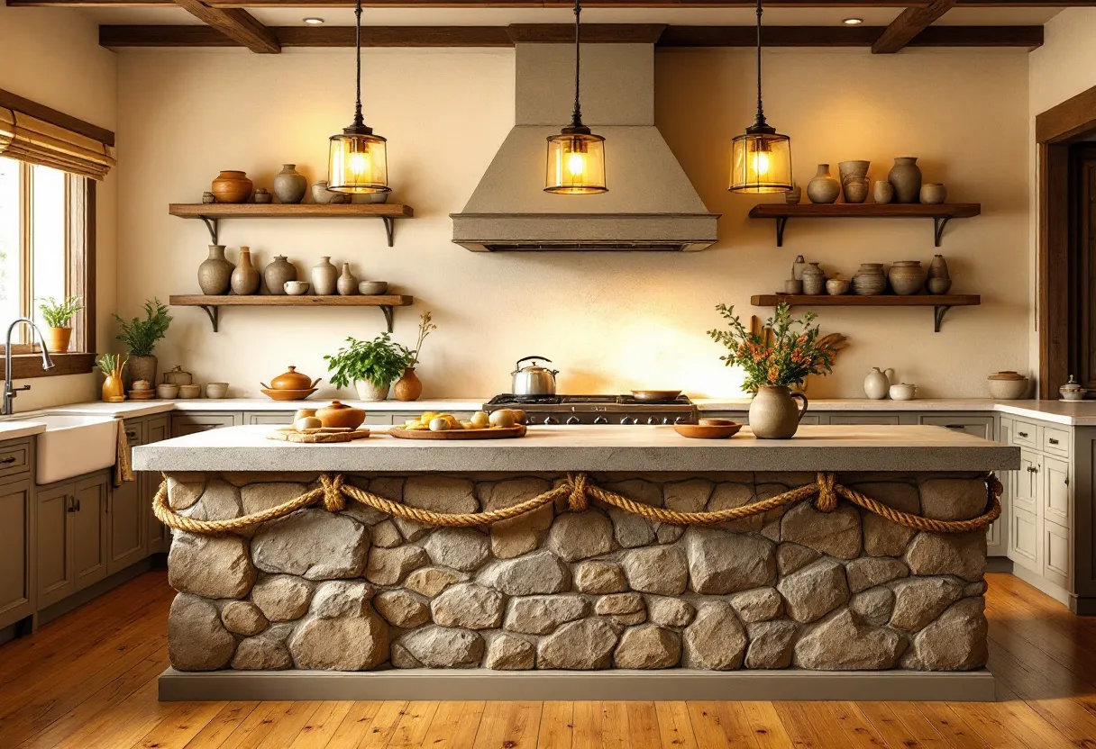 This rustic kitchen embodies warmth and charm, with its centerpiece being a sturdy island clad in rough stone, lending a grounded, earthy feel to the space. The island is adorned with decorative rope, adding a touch of nautical or pastoral flair to its solid structure. Above, three rustic lantern-style pendant lights cast a warm, inviting glow, enhancing the cozy ambiance. The wooden ceiling beams further emphasize the rustic theme, complementing the natural elements and textures present throughout the kitchen.

Open wooden shelves showcase an assortment of pottery, adding a personal and artisanal touch. The pottery's muted earth tones harmonize beautifully with the light, neutral color of the walls, creating balance and cohesion. A farmhouse sink set into the cabinetry beside a window invites natural light, highlighting the kitchen's functional elements. Greenery in the form of potted plants adds a lively pop of color, bridging the indoors with the natural world outside. Overall, this rustic kitchen is a delightful blend of function and aesthetics, welcoming and serene.