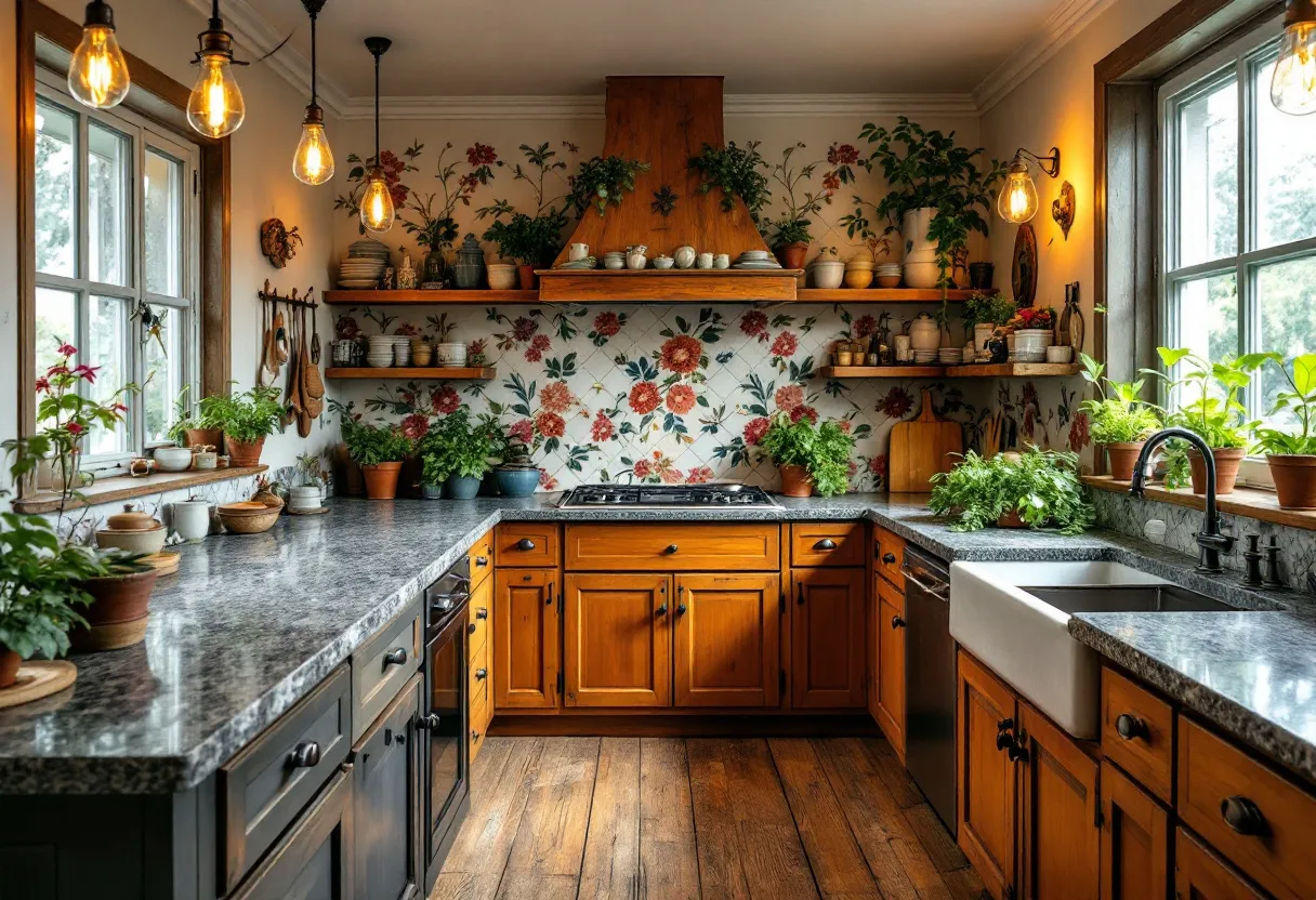 This rustic kitchen exudes warmth and charm with its blend of natural elements and earthy tones. The wooden cabinetry features a rich, warm finish, complementing the dark stone countertops that create an inviting space. The floor is laid with wide planks, enhancing the rustic feel of the room. Decorative pendant lights hang from the ceiling, casting a warm glow that highlights the textures and colors of the kitchen’s elements.

Shelves lined with potted plants add a touch of vitality and freshness, while the wallpaper adorned with floral patterns brings a classic, homey touch. A farmhouse-style sink under the window offers a view of the outdoors, merging interior and exterior spaces harmoniously. The overall layout is both functional and aesthetically pleasing, making it a perfect blend of rustic style and modern convenience.