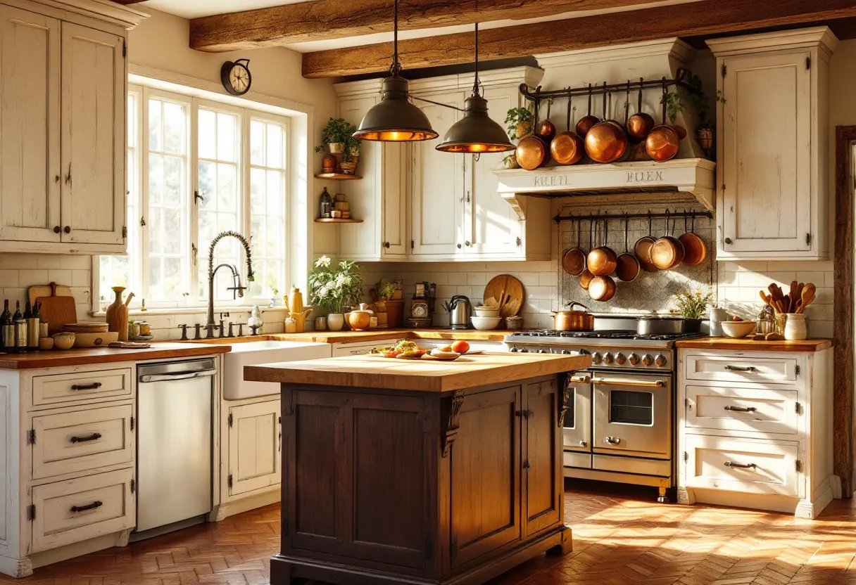 This rustic kitchen exudes a warm and inviting atmosphere, combining both traditional and functional elements. The exposed wooden beams on the ceiling add a touch of authenticity, enhancing the rustic charm. Light streams in through the large window, illuminating the well-worn white cabinetry, which is accented by dark metal handles. The countertops, crafted from rich wood, bring warmth to the space and highlight the earthy tones throughout the kitchen.

Situated at the center is a sturdy wooden island, perfect for meal preparation or casual gatherings. Hanging above are industrial-style pendant lights, adding a contemporary edge to the otherwise classic design. Copper pots and pans hang above the stove, showcasing both utility and a touch of elegance. Small potted plants and various kitchen essentials are strategically placed, emphasizing a lived-in, yet organized feel, making this kitchen both a functional workspace and a cozy heart of the home.