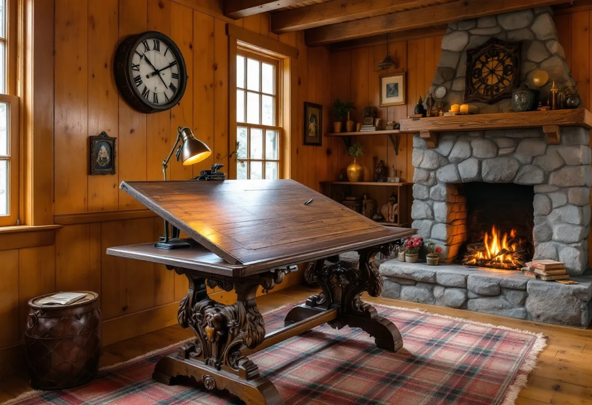 This rustic office exudes warmth and charm with its rich, wooden paneling and exposed beams, providing a cozy, inviting atmosphere. The natural wood finish, enhanced by the soft glow of the fireplace, creates a comforting environment that encourages productivity and relaxation. The centrally placed, antique-style drafting table adds a touch of elegance with its ornate carvings and sturdy construction, making it both functional and aesthetically pleasing. Its angled surface under a vintage desk lamp is perfect for creative work or drafting.

The stone fireplace, complete with a mantle adorned with various decorative items, serves as a focal point, drawing the eyes and adding a sense of homeliness. The roaring fire illuminates the room, casting flickering shadows that dance across the walls. A large, traditional clock hangs above, adding a timeless element to the décor. The plaid rug underfoot adds texture and color, complementing the overall rustic aesthetic while providing warmth and comfort to the space.