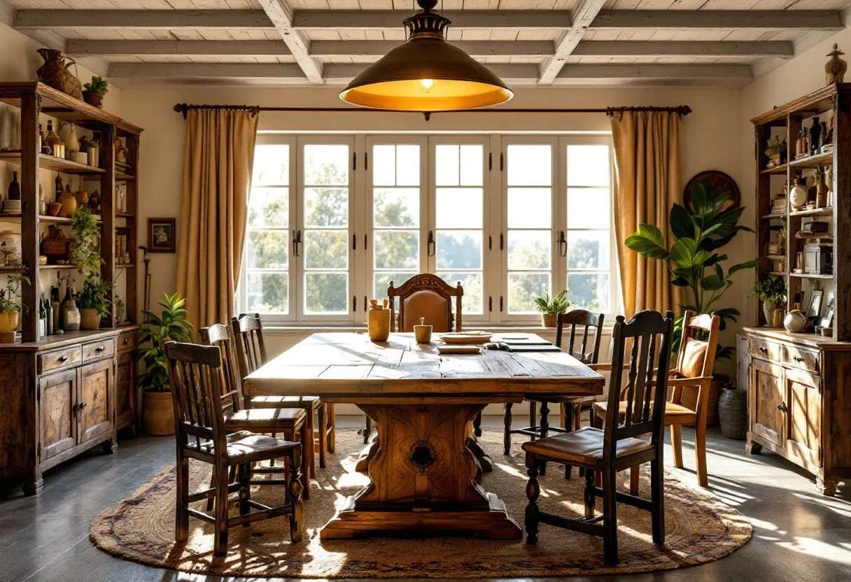 This rustic office exudes warmth and charm with its rich wooden elements and inviting atmosphere. The central feature is a large, sturdy wooden table surrounded by a variety of mismatched chairs, each showcasing unique craftsmanship that adds to the room’s character. The ceiling, with exposed wooden beams painted white, enhances the rustic appeal and contributes to the room’s open, airy ambiance. A large window floods the space with natural light, illuminating the wooden furniture and the greenery of the indoor plants scattered throughout the office. 

Flanking the window on either side are tall shelves filled with various decorative items and books, adding a personal and lived-in feel to the space. The walls are adorned with minimalistic art and neutral-colored drapes that complement the earthy tones of the wooden elements. A circular rug beneath the table adds a touch of comfort and texture to the room, while a large, industrial-style pendant light hangs above, providing a warm glow that accentuates the room’s cozy, inviting feel. Overall, this office beautifully marries practicality with rustic elegance, creating an inspiring and serene workspace.