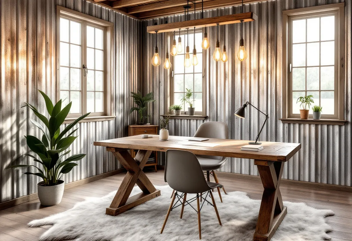 This rustic office combines industrial and natural elements to create a warm and inviting workspace. The corrugated metal walls lend an industrial touch, contrasting with the warmth of the wooden elements throughout the room. The large, wooden desk with its robust construction acts as the focal point, complemented by a cozy white rug that adds a layer of comfort underfoot. The ceiling’s exposed beams further enhance the rustic appeal, bringing a sense of structure and character to the space.

The lighting fixtures feature exposed bulbs, which provide a soft, ambient glow, casting warm light across the room and highlighting the texture of the walls. Several large windows allow ample natural light to flood the space, further enhancing its airy and open feel. The strategically placed green plants bring a touch of nature indoors, adding vibrancy and a fresh aesthetic. Overall, this office space exudes a perfect blend of rustic charm and modern functionality, creating an atmosphere conducive to productivity and relaxation.