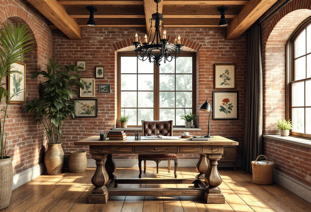 This rustic office exudes warmth and character, combining elements of nature and classic design. The space is defined by its exposed brick walls, which offer a textured and warm backdrop, punctuated by large windows that allow natural light to stream in, creating an inviting and well-lit atmosphere. The ceiling features substantial wooden beams, adding to the rustic charm and complementing the wooden floorboards that solidify the earthy tones of the room. 

The centerpiece is a sturdy wooden desk with intricate carvings, reflecting classic craftsmanship, while a leather chair adds a touch of luxury and comfort. Surrounding the desk are various potted plants and framed botanical prints, infusing the workspace with elements of nature and a touch of greenery. A wrought iron chandelier hangs above, providing an elegant yet rustic source of light. Together, these elements create a harmonious blend of rustic and refined, making the office both functional and aesthetically pleasing.